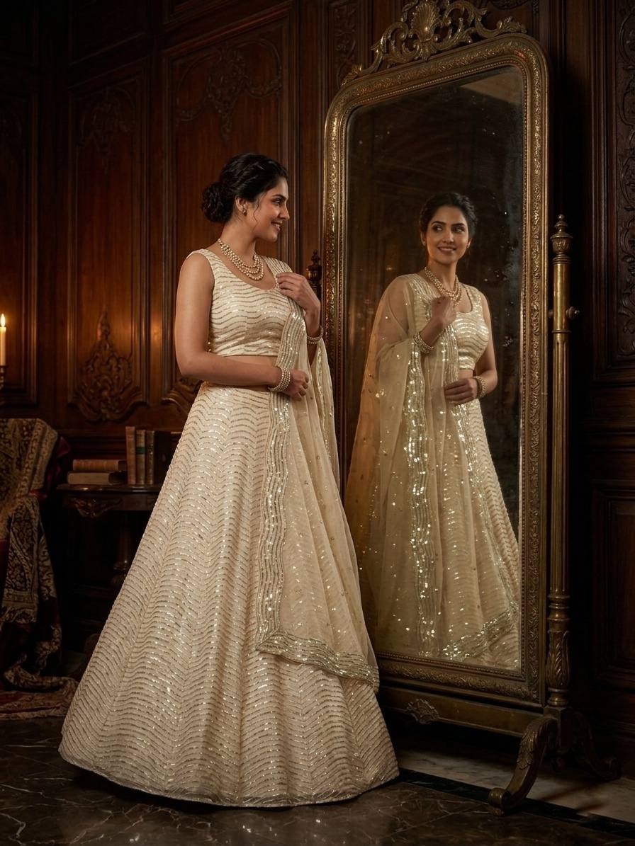 Off White Chevron Sequinsned Organza Lehenga Choli — alternate view