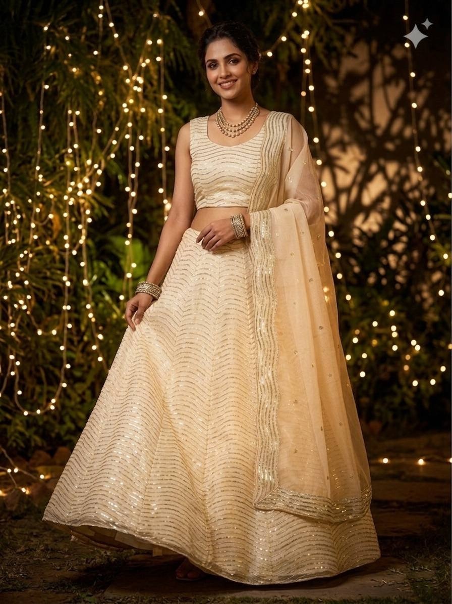 Off White Chevron Sequinsned Organza Lehenga Choli