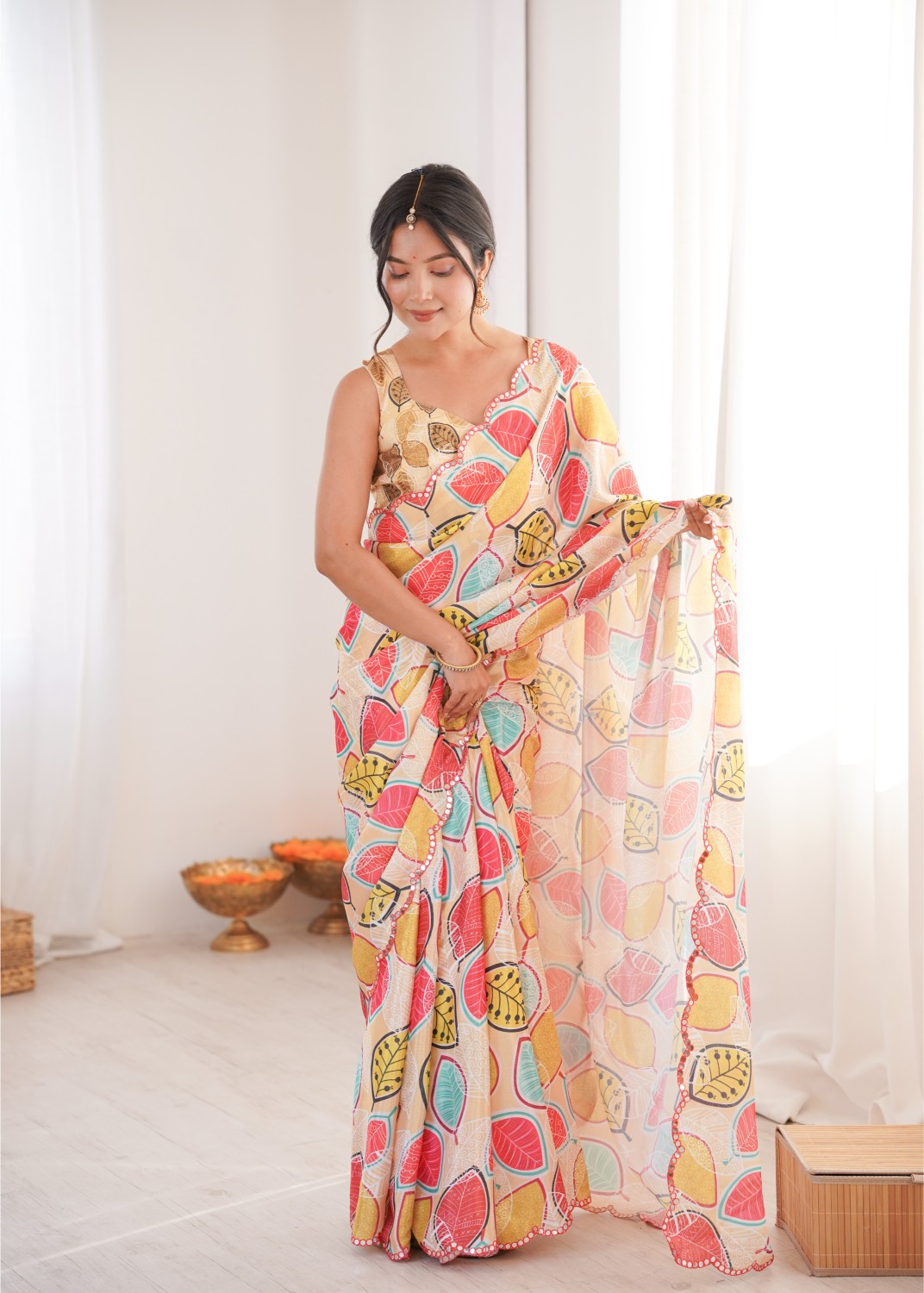 Off White Chinon Digital Printed Mirror Work Saree