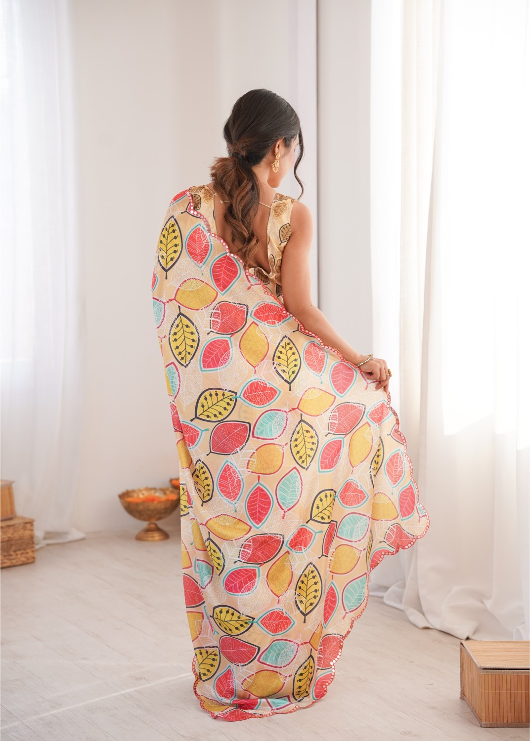 Off White Chinon Digital Printed Mirror Work Saree — alternate view
