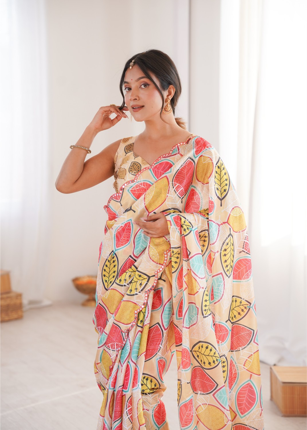 Off White Chinon Digital Printed Mirror Work Saree