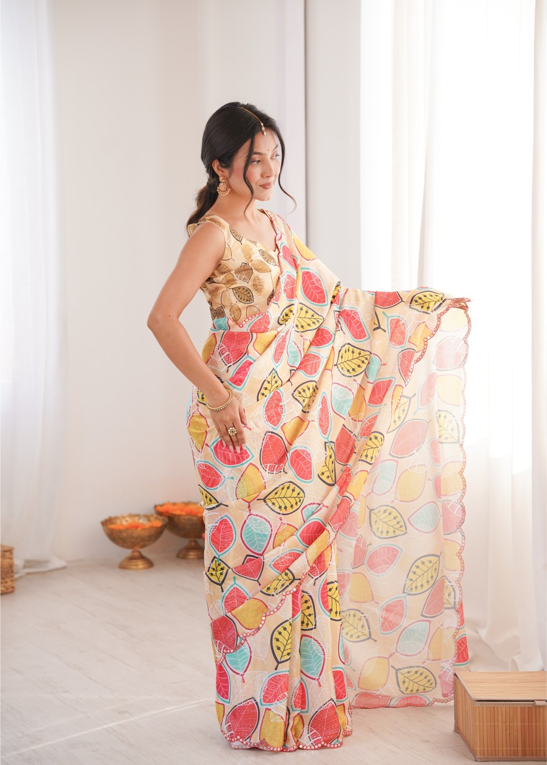 Off White Chinon Digital Printed Mirror Work Saree
