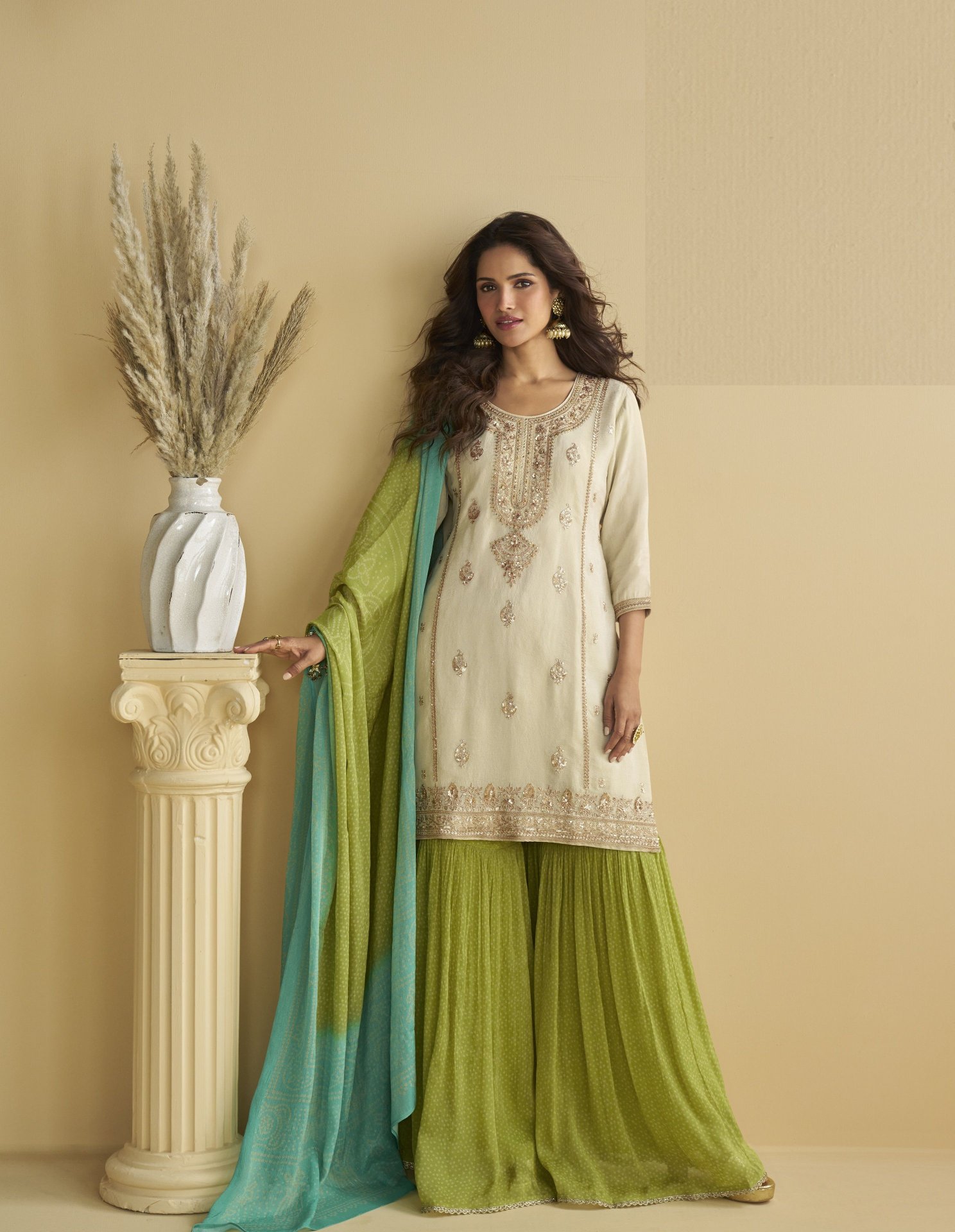 Off White Chinon Embroidered Palazzo Suit