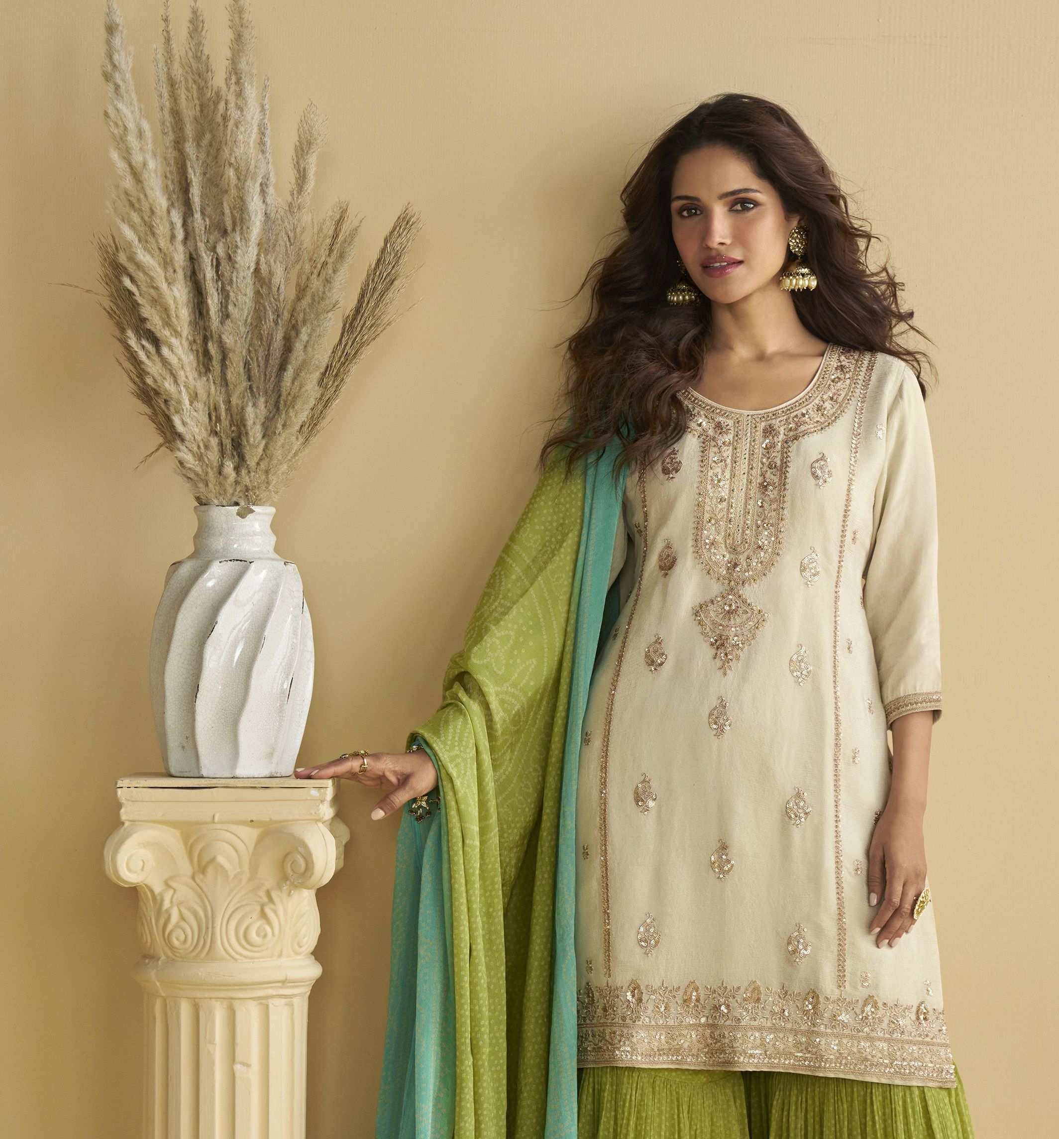 Off White Chinon Embroidered Palazzo Suit