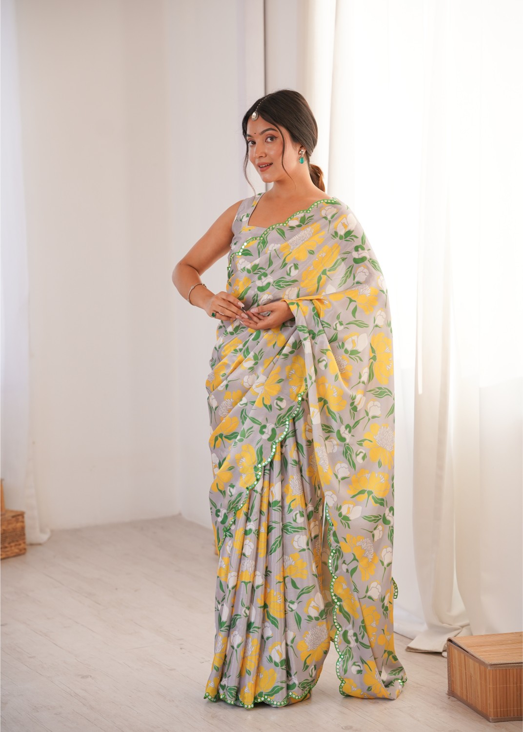 Off White Chinon Floral Printed Mirror Work Saree