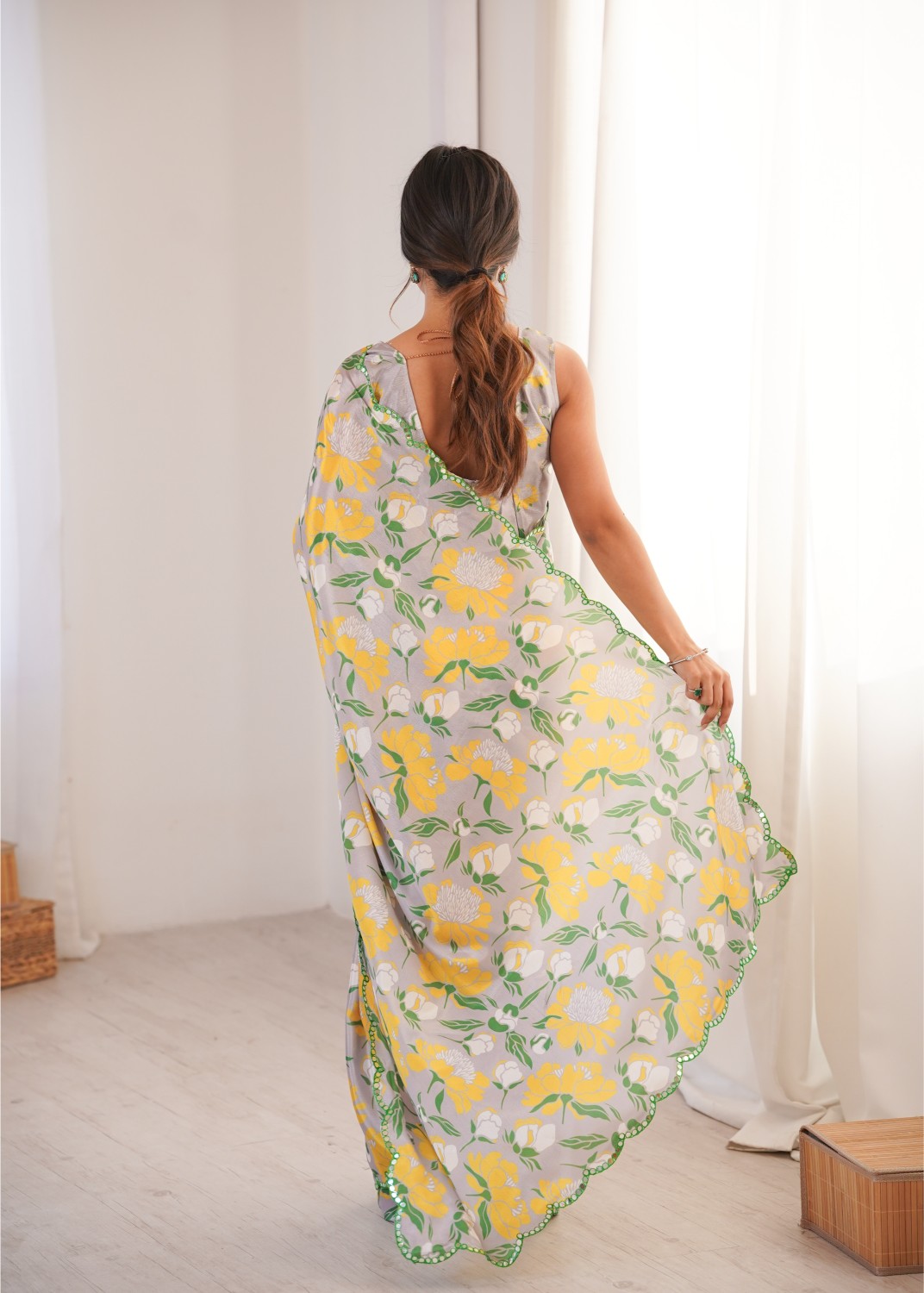 Off White Chinon Floral Printed Mirror Work Saree — alternate view