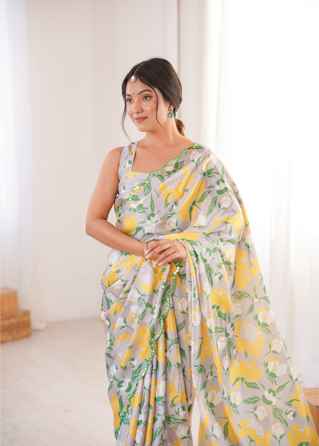 Off White Chinon Floral Printed Mirror Work Saree