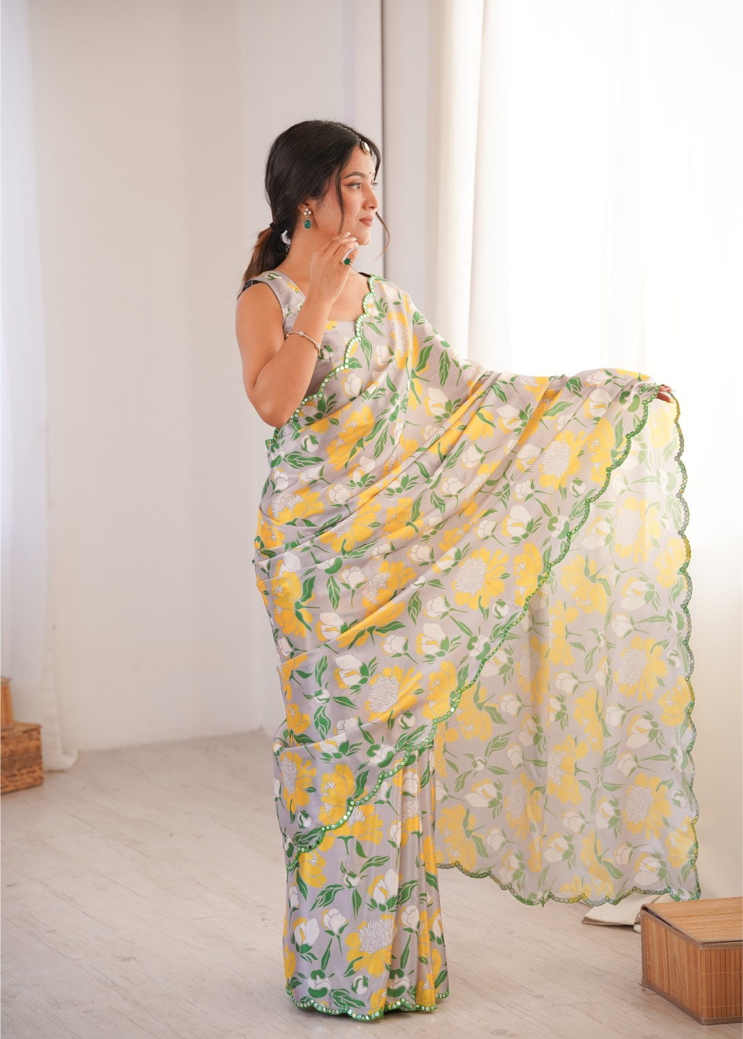 Off White Chinon Floral Printed Mirror Work Saree
