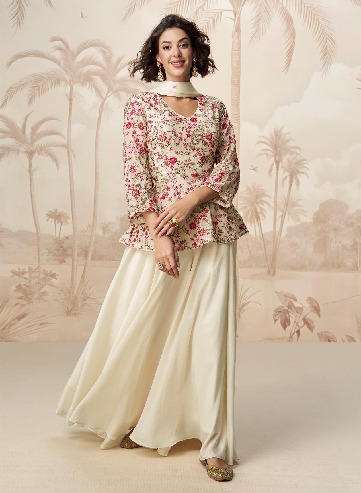 Off White Chinon Heavy Designer Embroidery Palazzo Suit