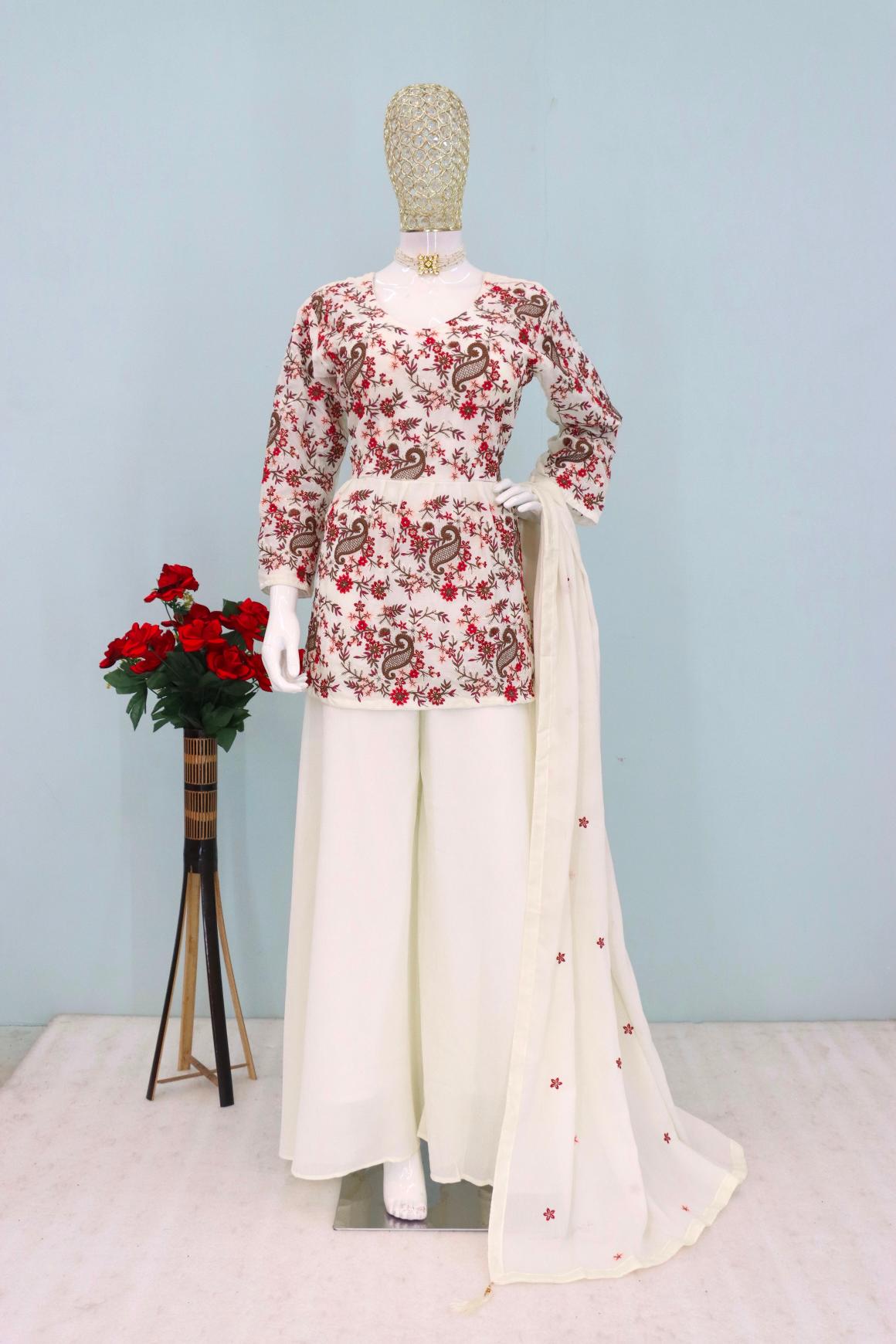 Off White Chinon Heavy Designer Embroidery Palazzo Suit