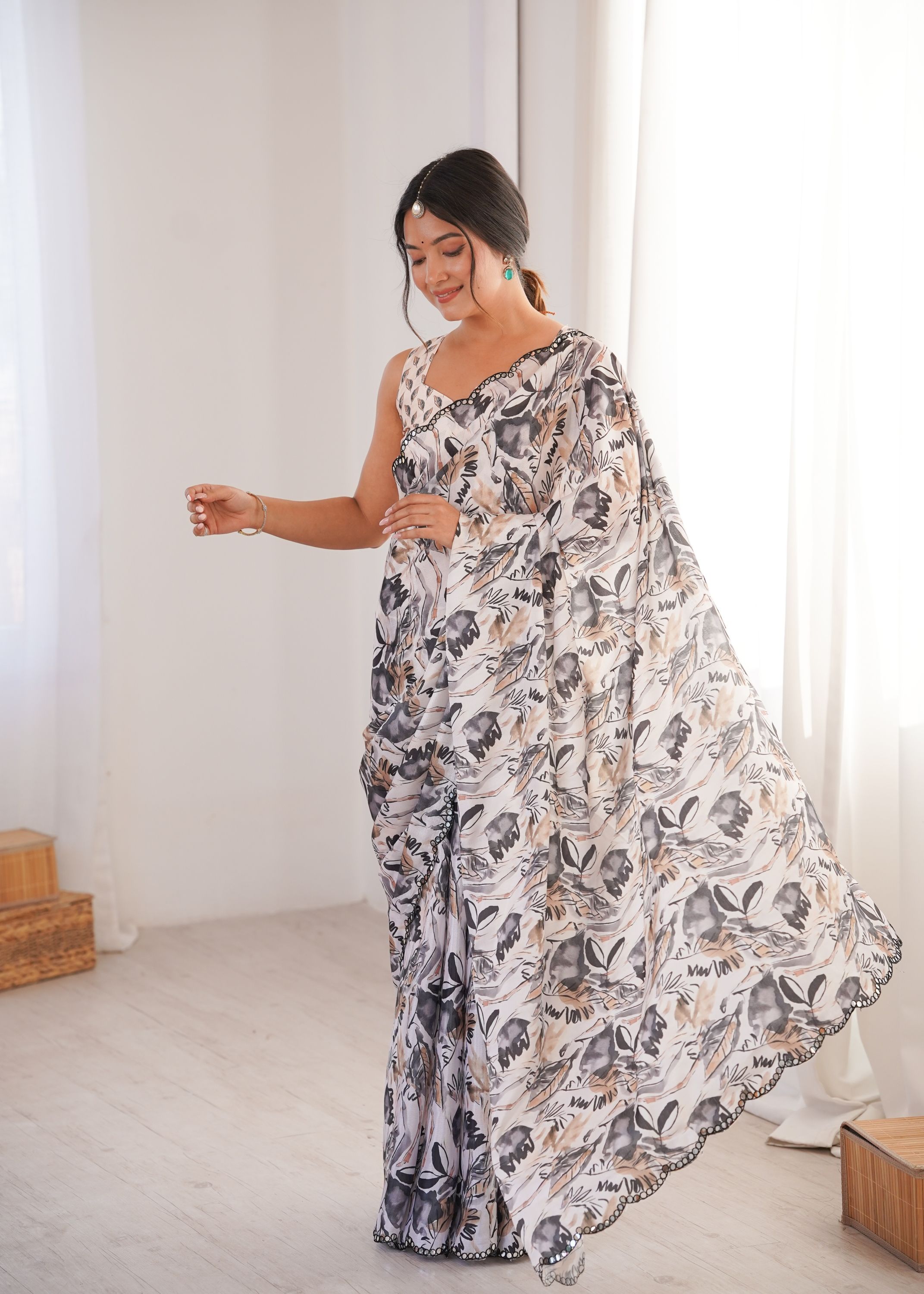 Off White Chinon Printed Mirror Work Saree