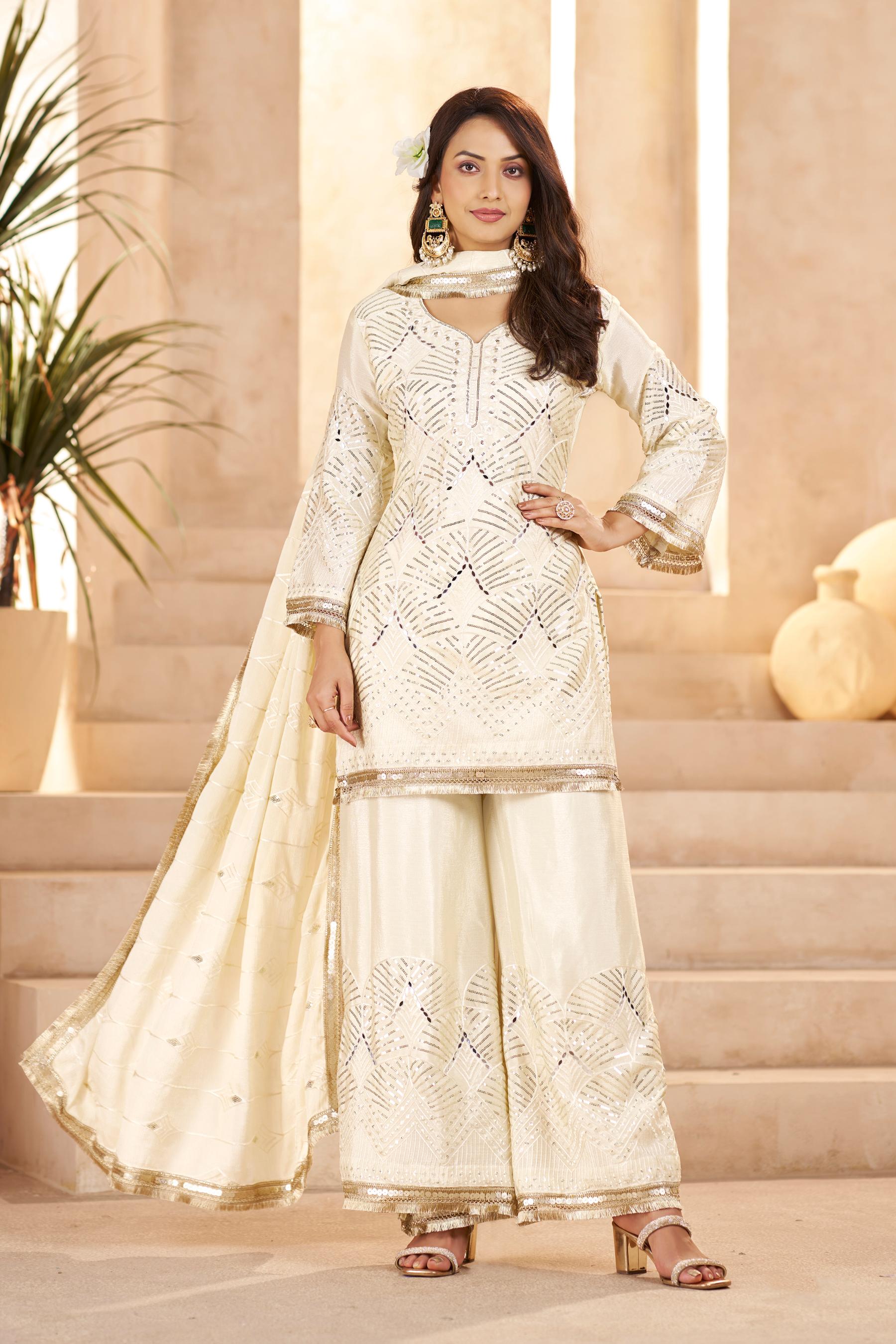 Off White Chinon Thread N Sequins Embroidered Palazzo Suit