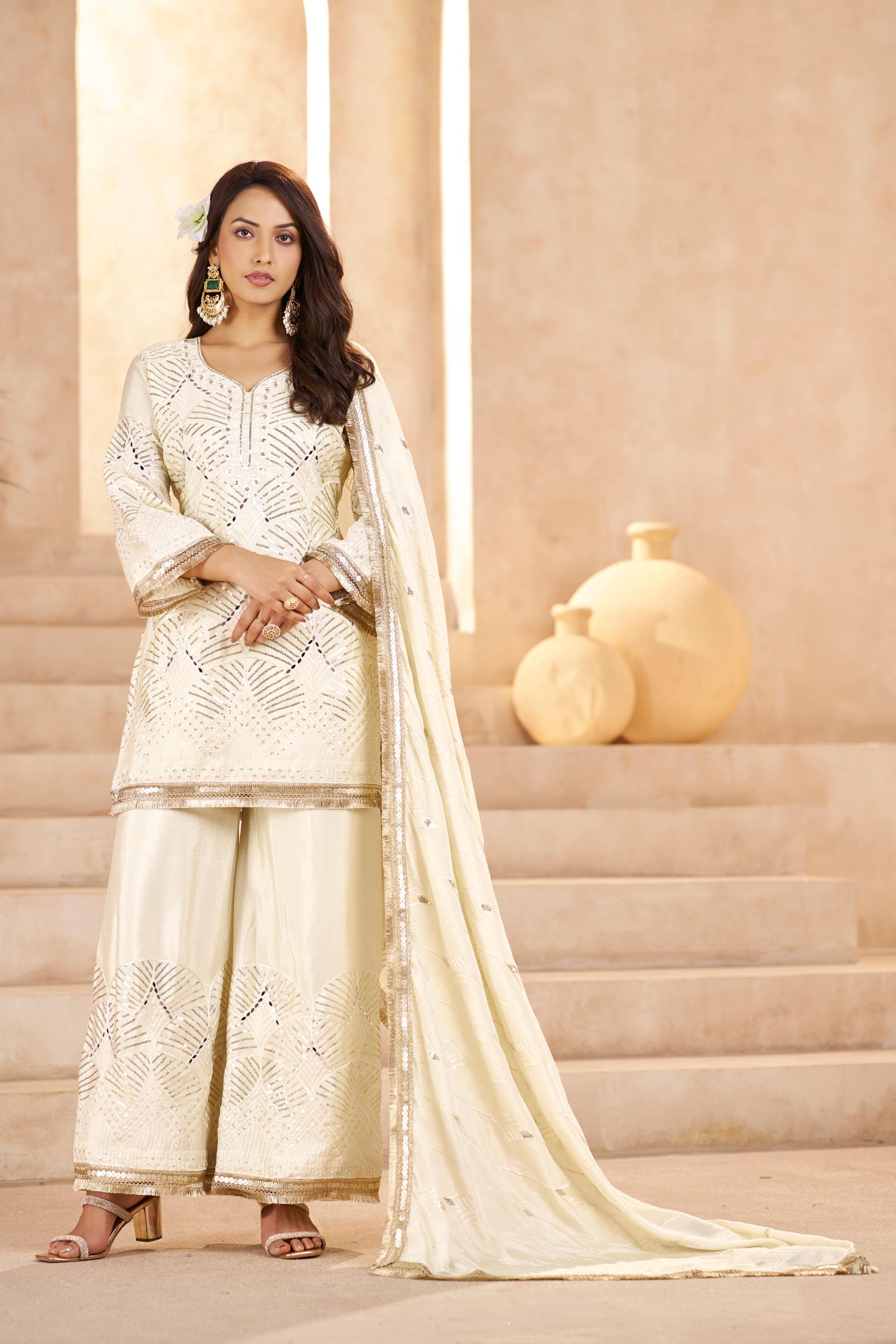 Off White Chinon Thread N Sequins Embroidered Palazzo Suit