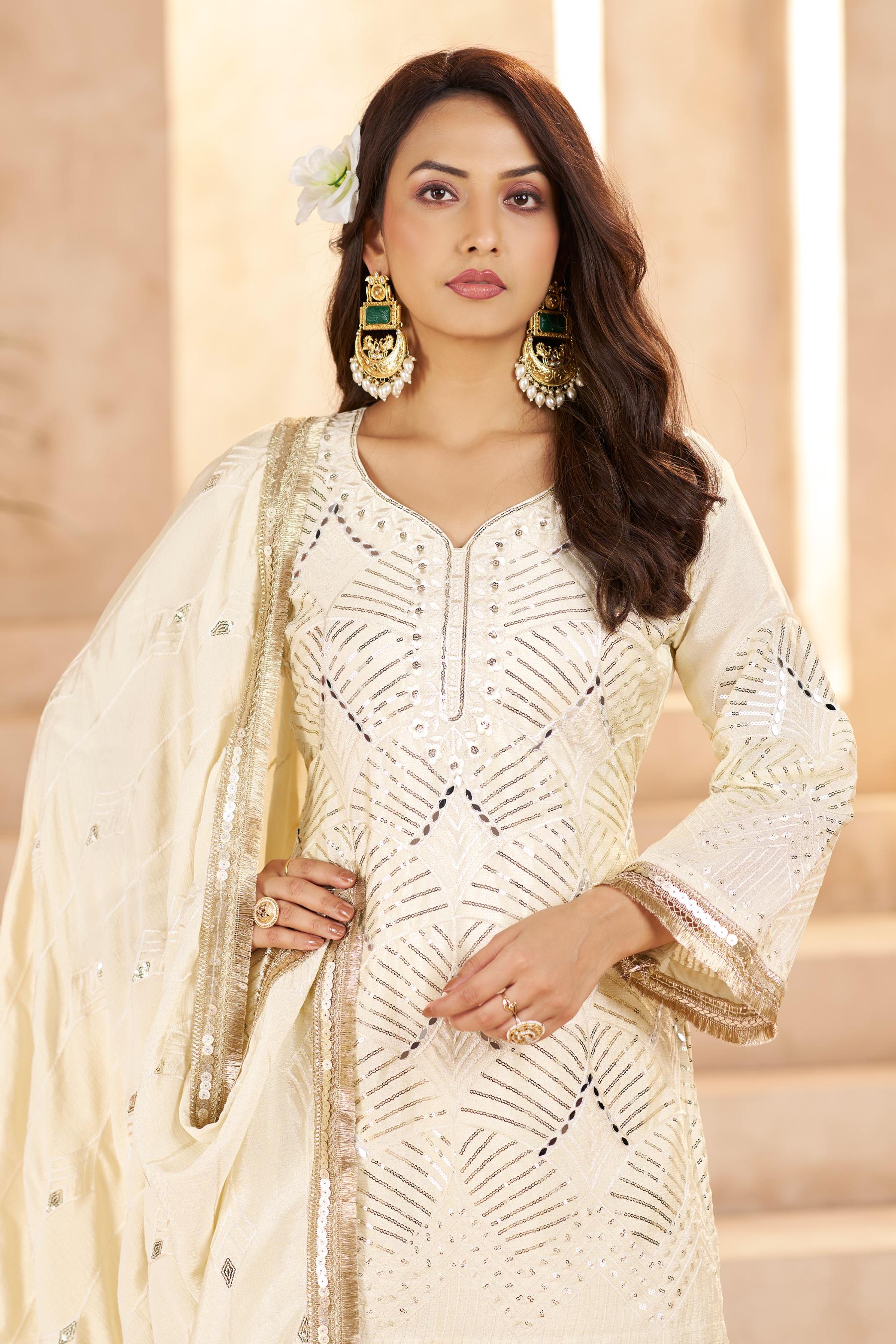 Off White Chinon Thread N Sequins Embroidered Palazzo Suit