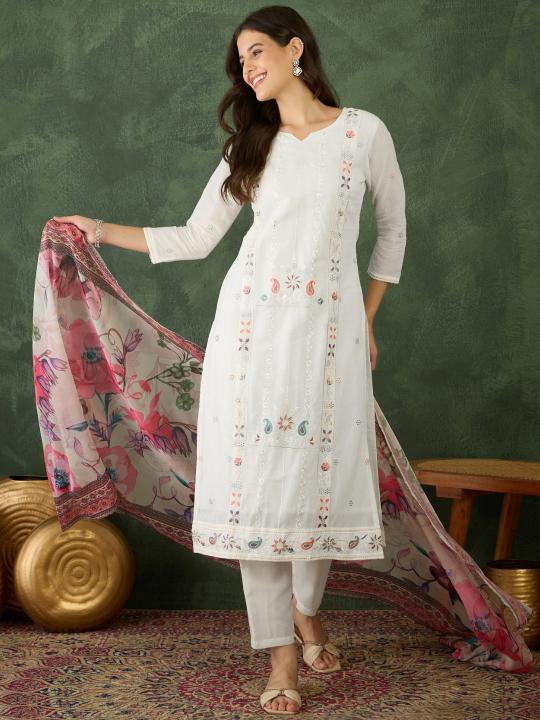 Off-White Cotton Embroidered Readymade Suit