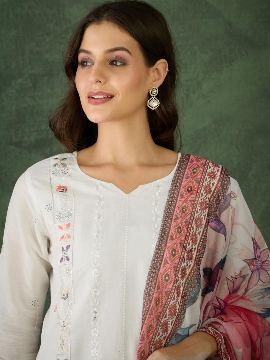Off-White Cotton Embroidered Readymade Suit