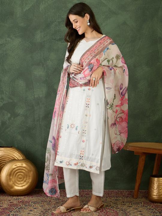 Off-White Cotton Embroidered Readymade Suit