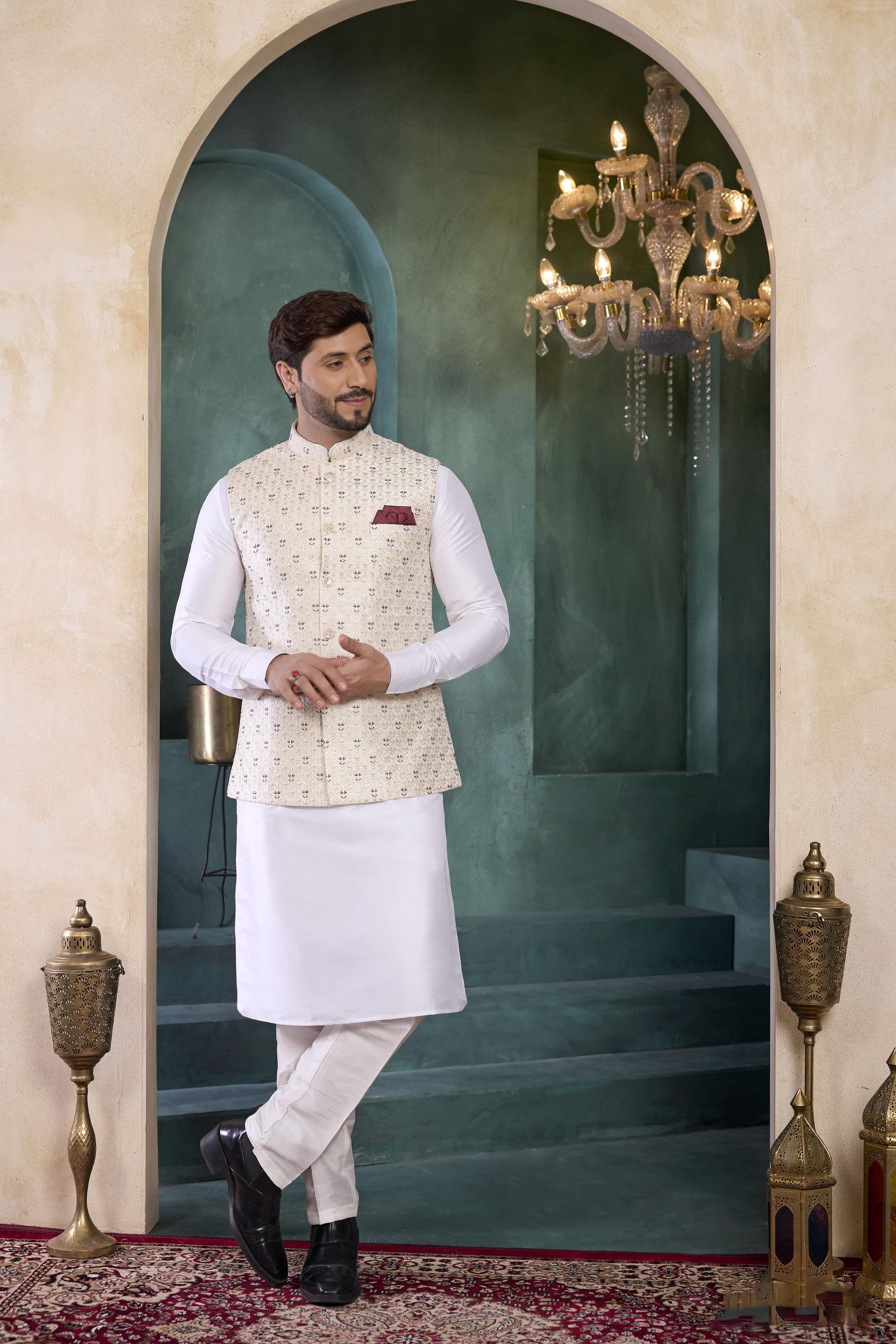 Off White Cream Banarasi Silk Kurta Pyjama