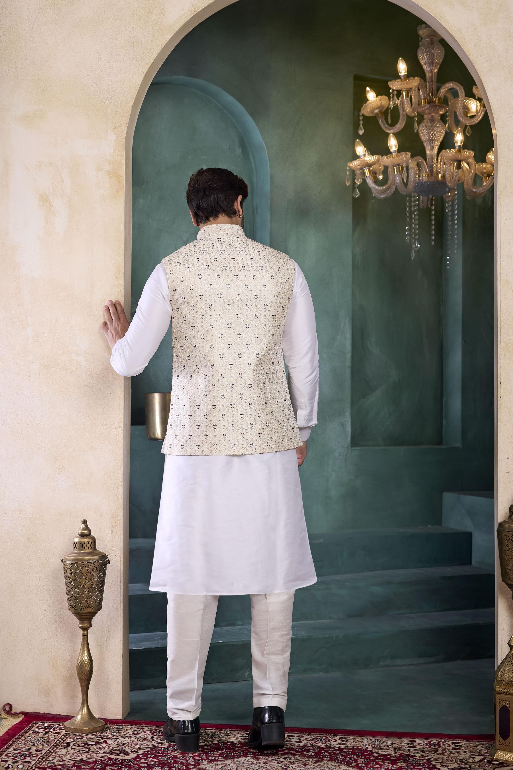 Off White Cream Banarasi Silk Kurta Pyjama — alternate view