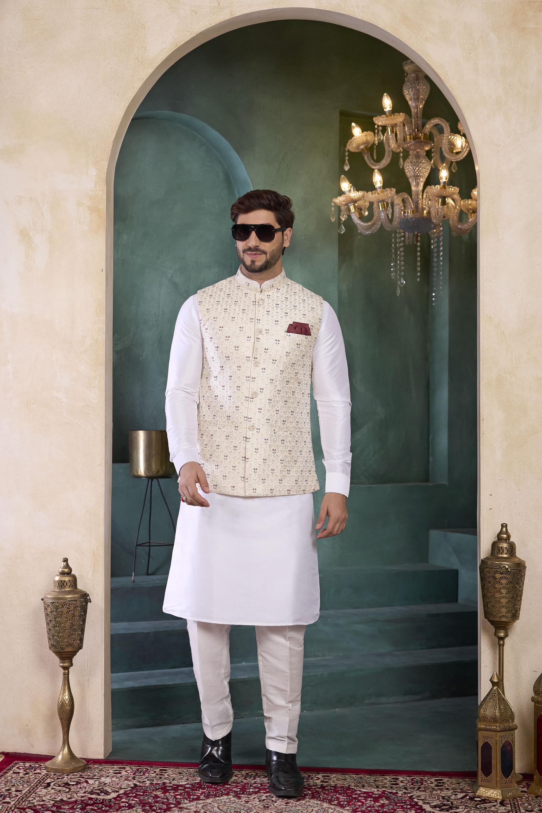 Off White Cream Banarasi Silk Kurta Pyjama