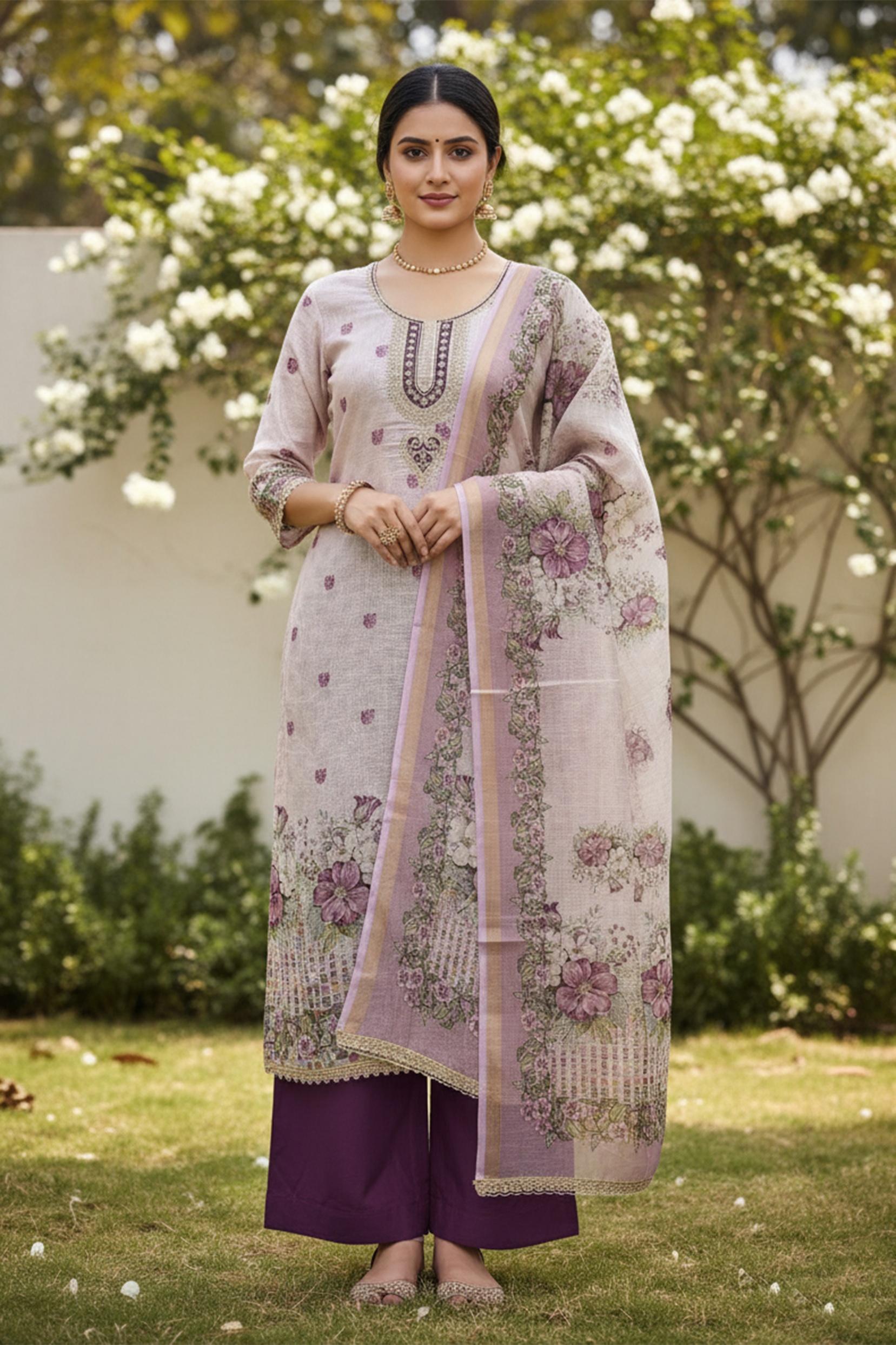 Off White Dark Purple Floral Digital Printed Linen Cotton Salwar Suit