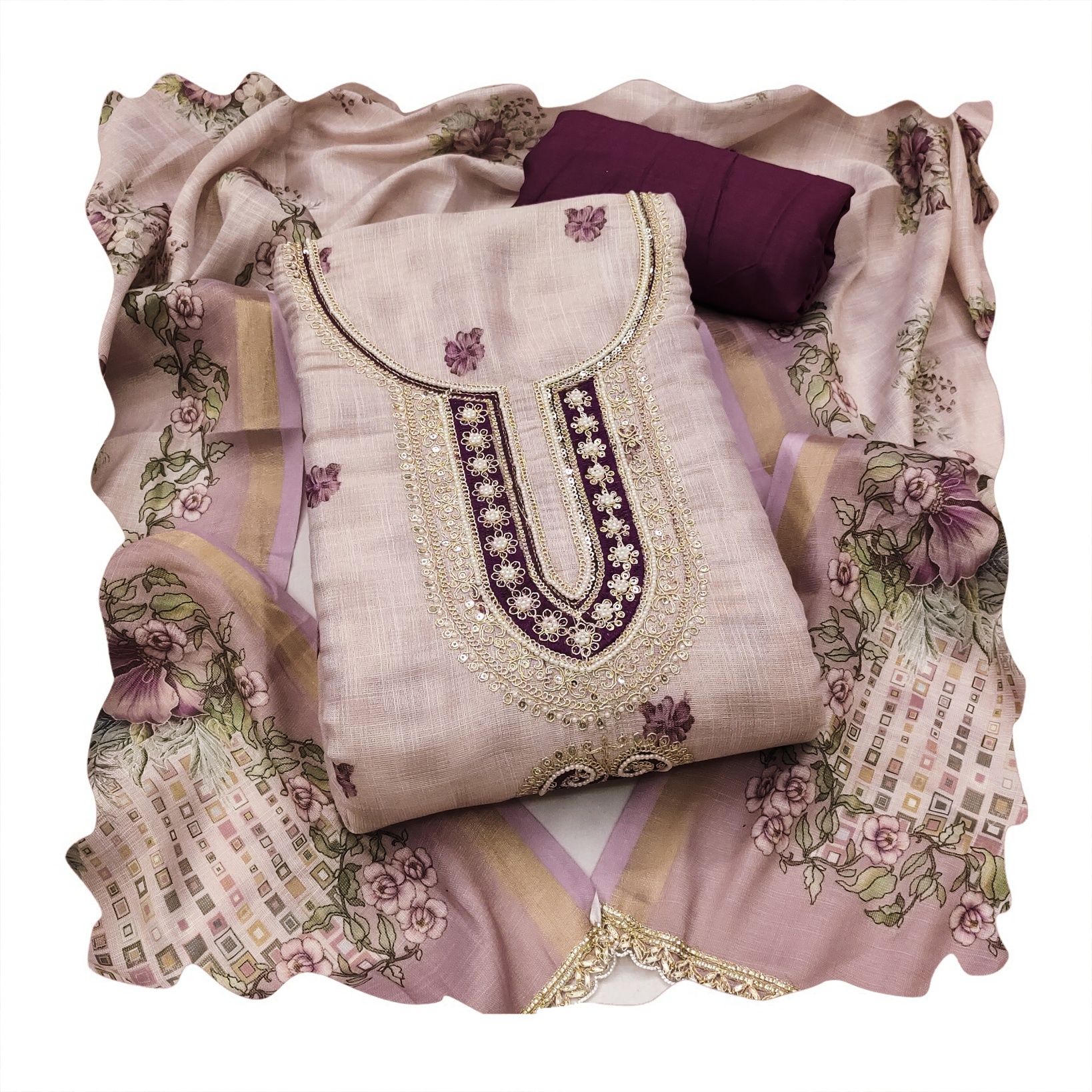 Off White Dark Purple Floral Digital Printed Linen Cotton Salwar Suit — alternate view