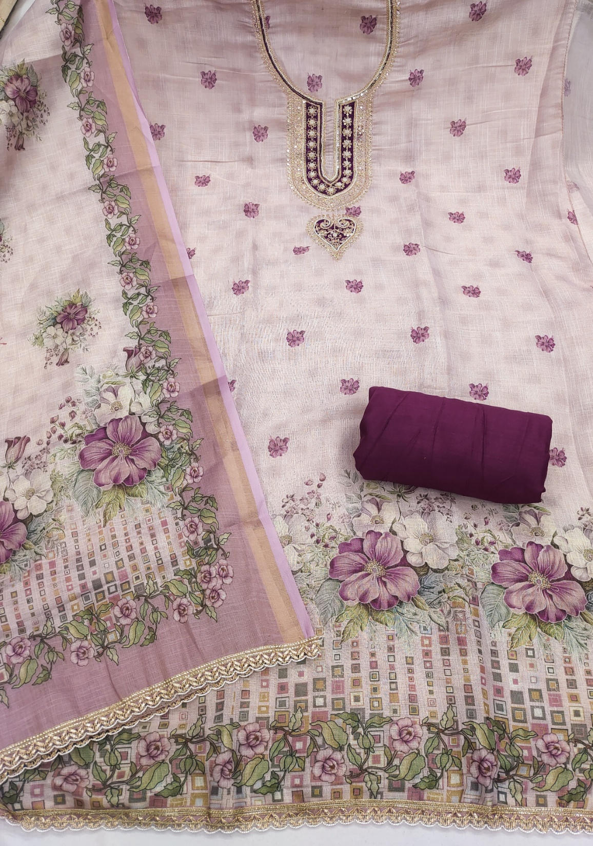 Off White Dark Purple Floral Digital Printed Linen Cotton Salwar Suit