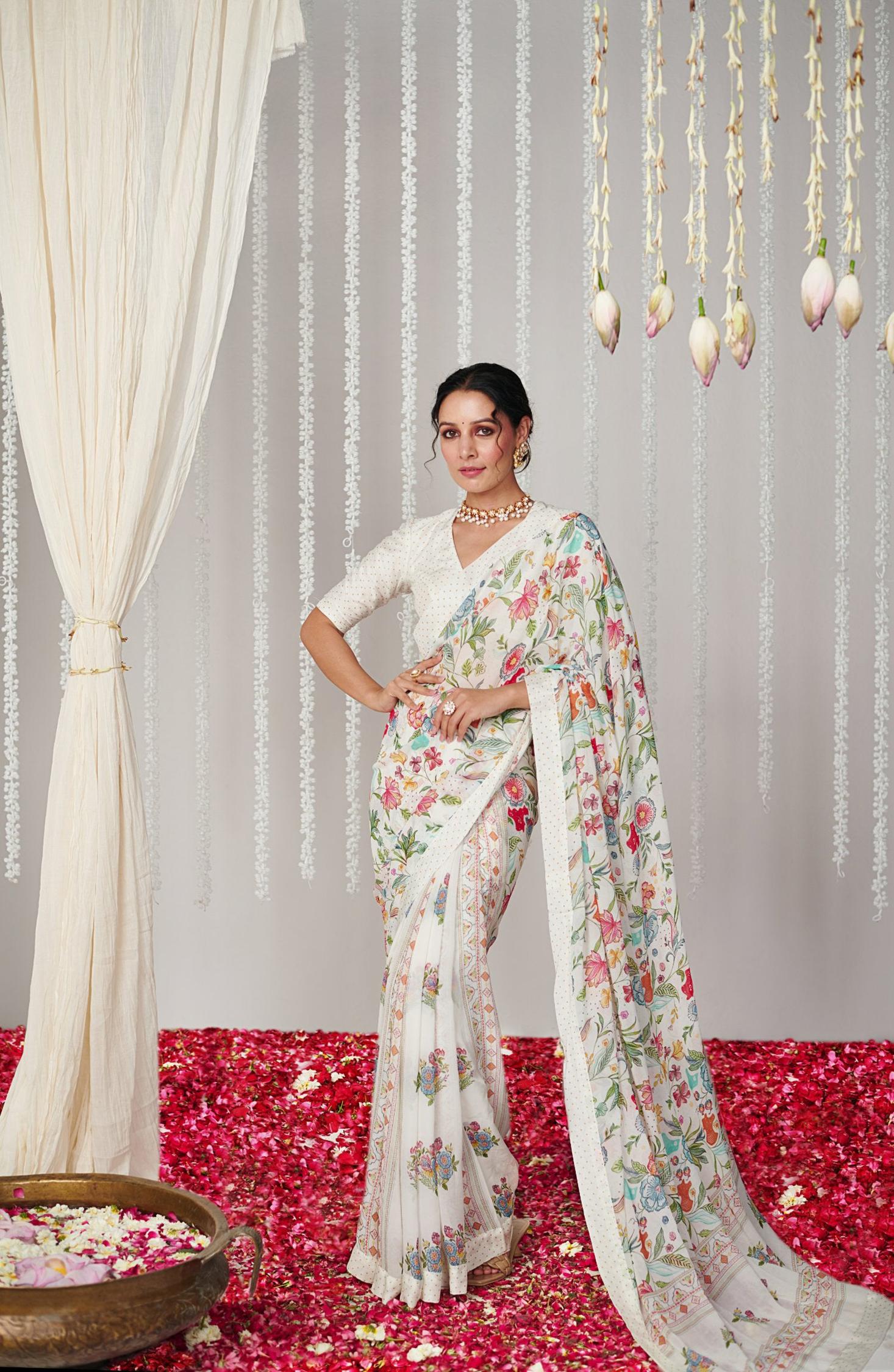 Off White Designer Digital Printed Saree