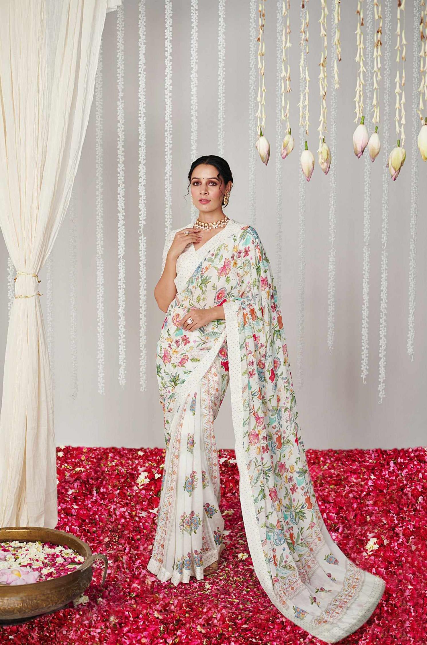 Off White Designer Digital Printed Saree