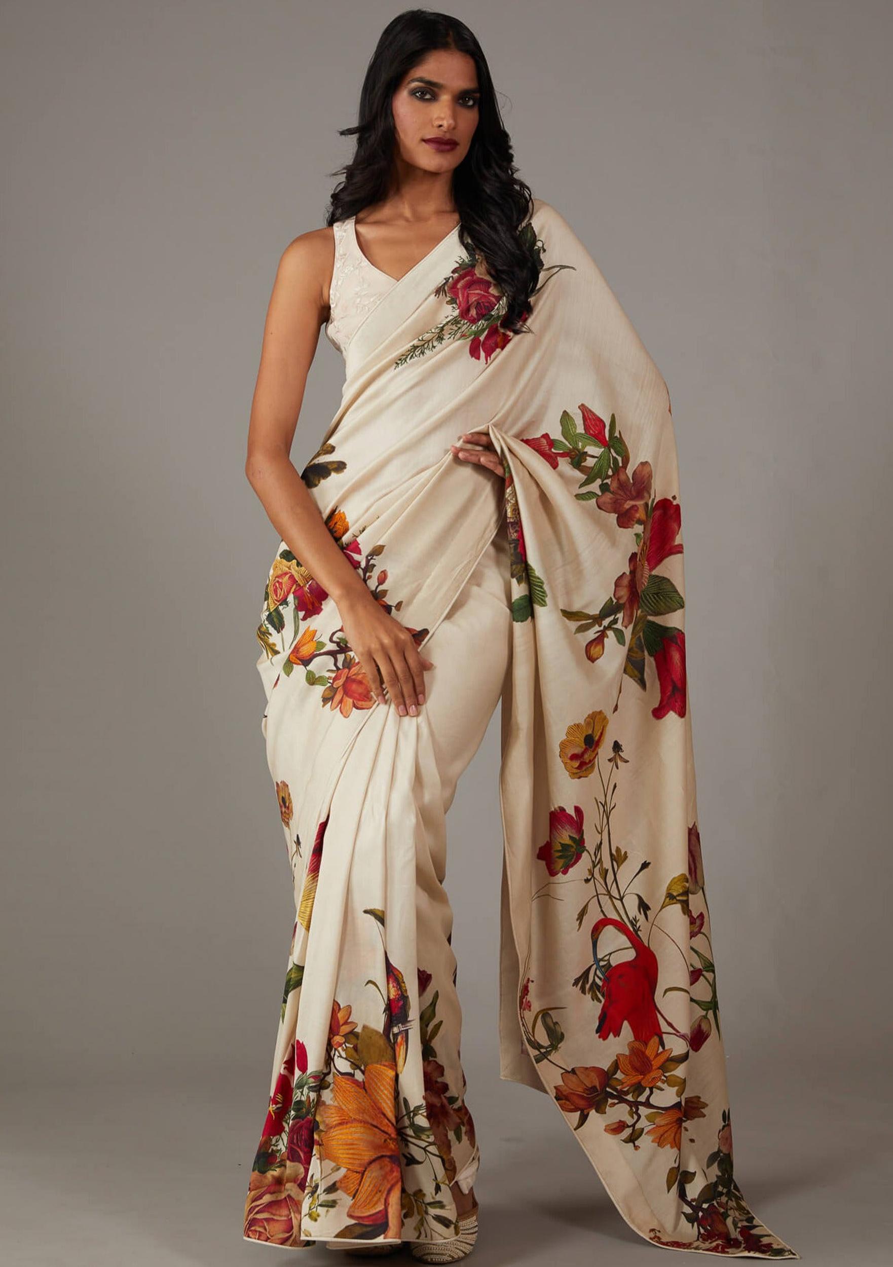 Off White Designer Digital Printed Saree