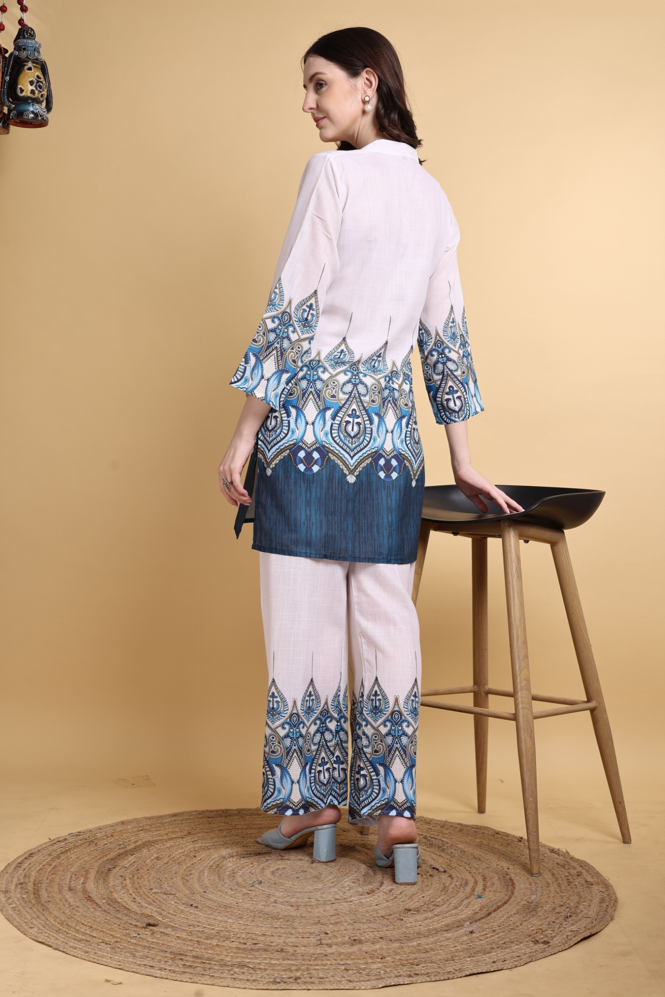 Off White Designer Printed Maharaja Linen Co-Ord Set — alternate view