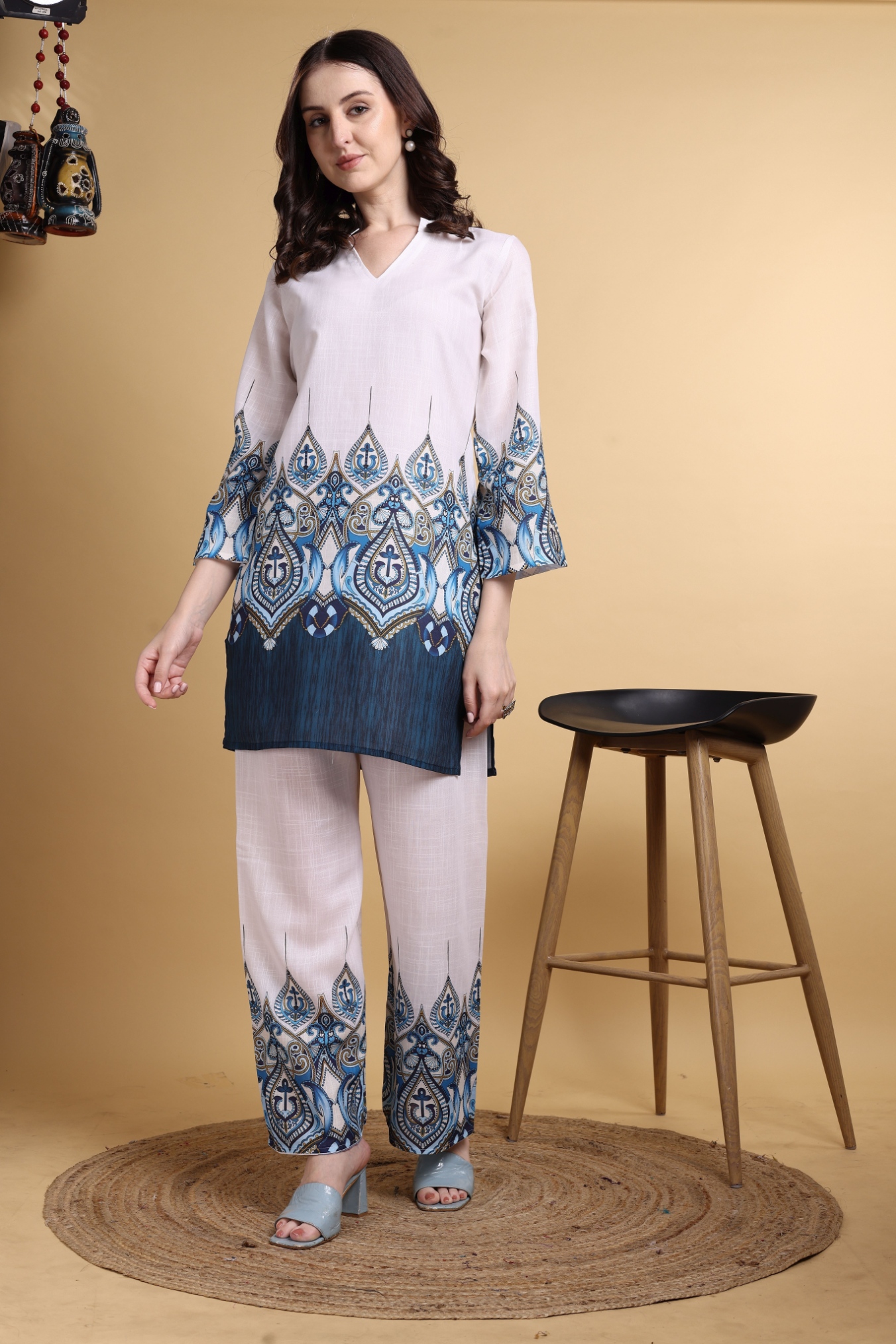 Off White Designer Printed Maharaja Linen Co-Ord Set