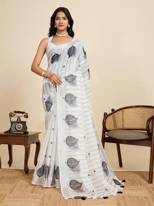 Off White Digital Printed Linen Saree