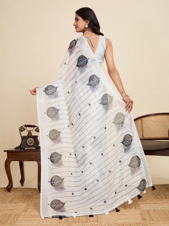 Off White Digital Printed Linen Saree — alternate view