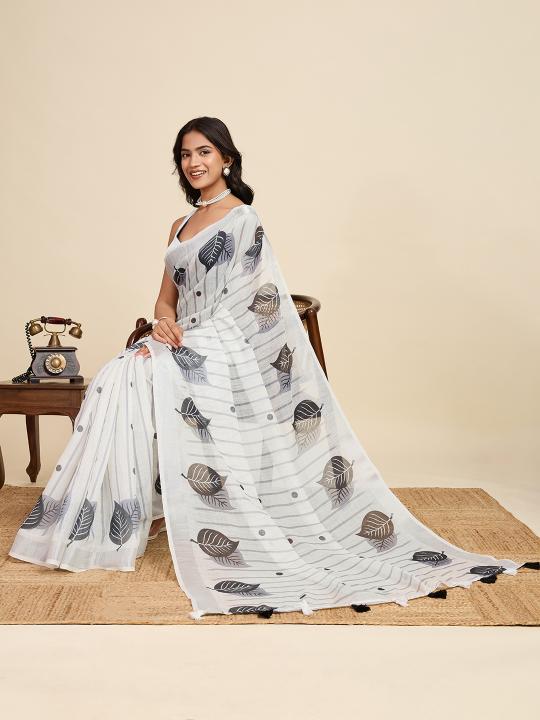 Off White Digital Printed Linen Saree