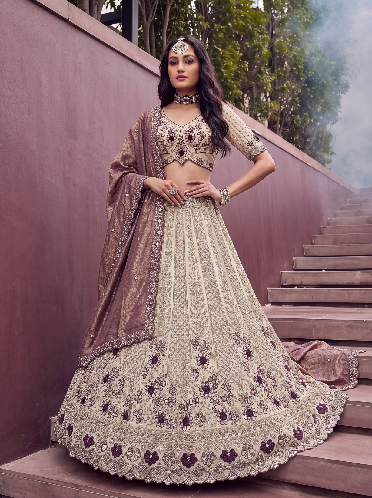 Off White Dusty Rose Floral Silk Bridal Lehenga