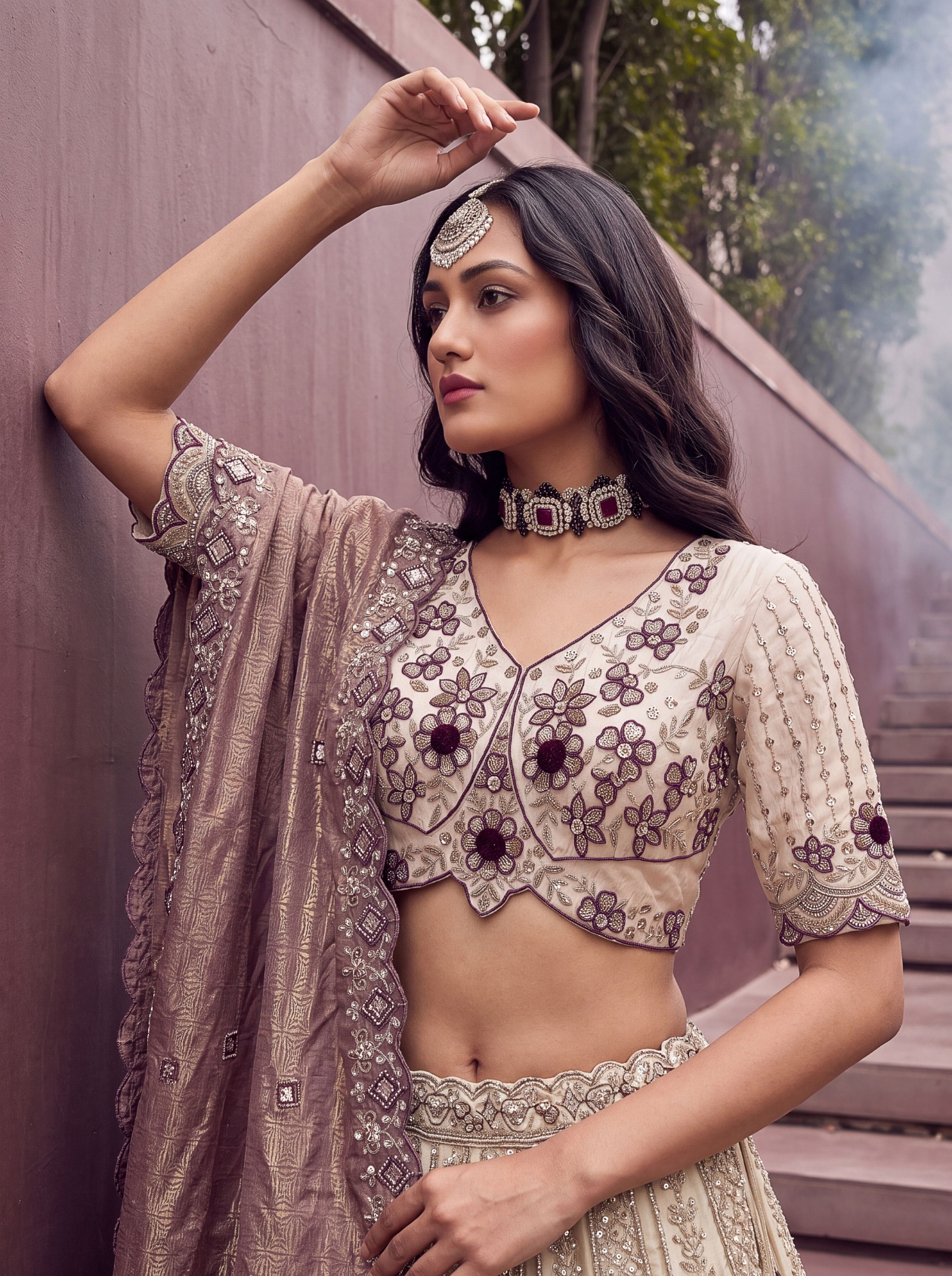 Off White Dusty Rose Floral Silk Bridal Lehenga — alternate view