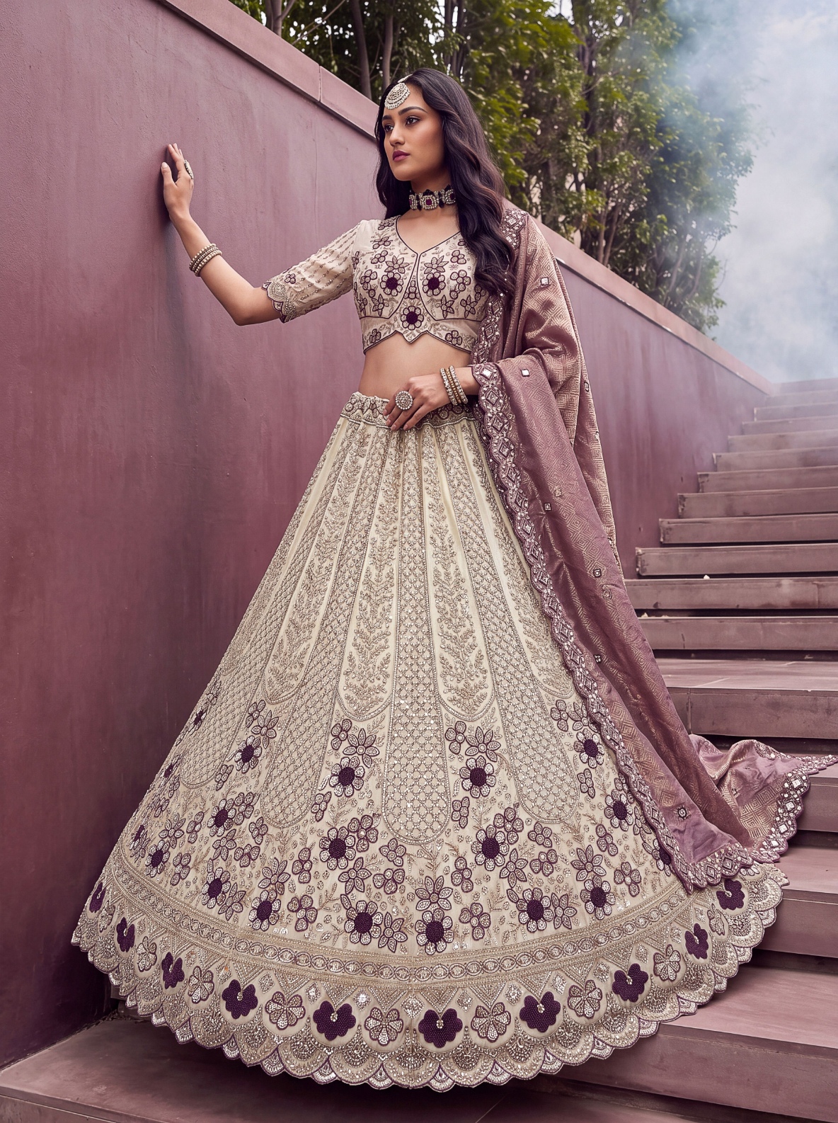 Off White Dusty Rose Floral Silk Bridal Lehenga