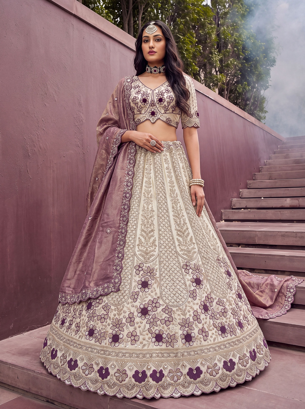 Off White Dusty Rose Floral Silk Bridal Lehenga