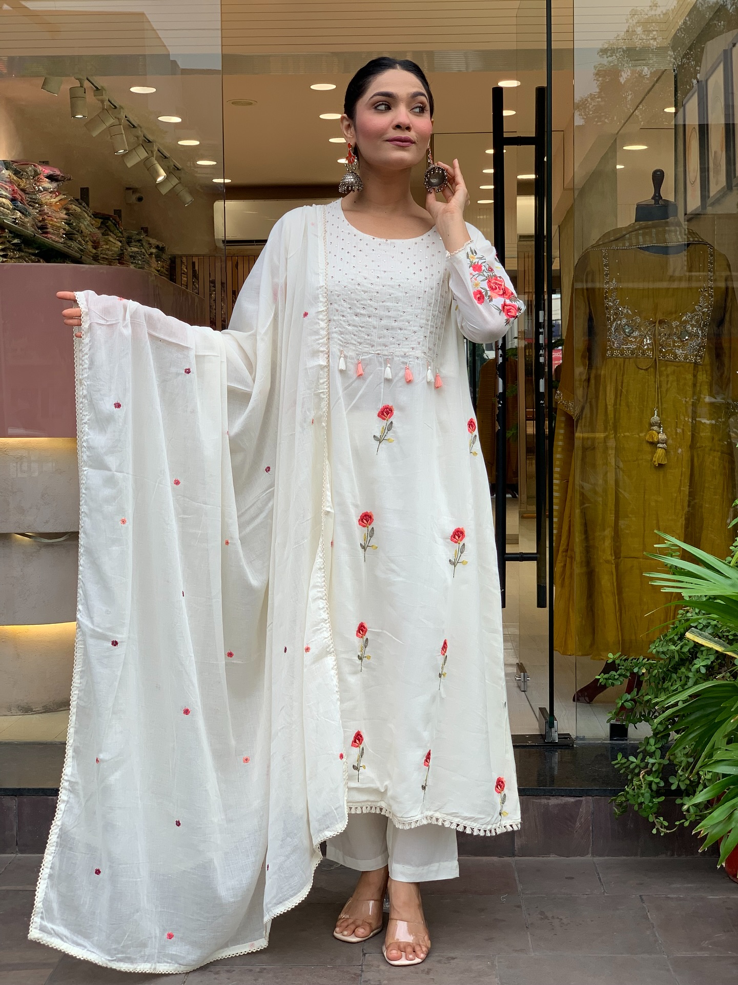 Off White Embroidered Chanderi Salwar Suit