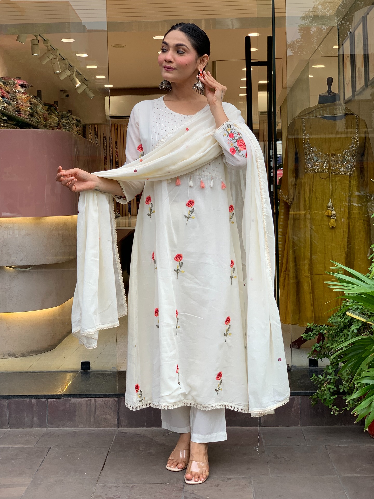 Off White Embroidered Chanderi Salwar Suit