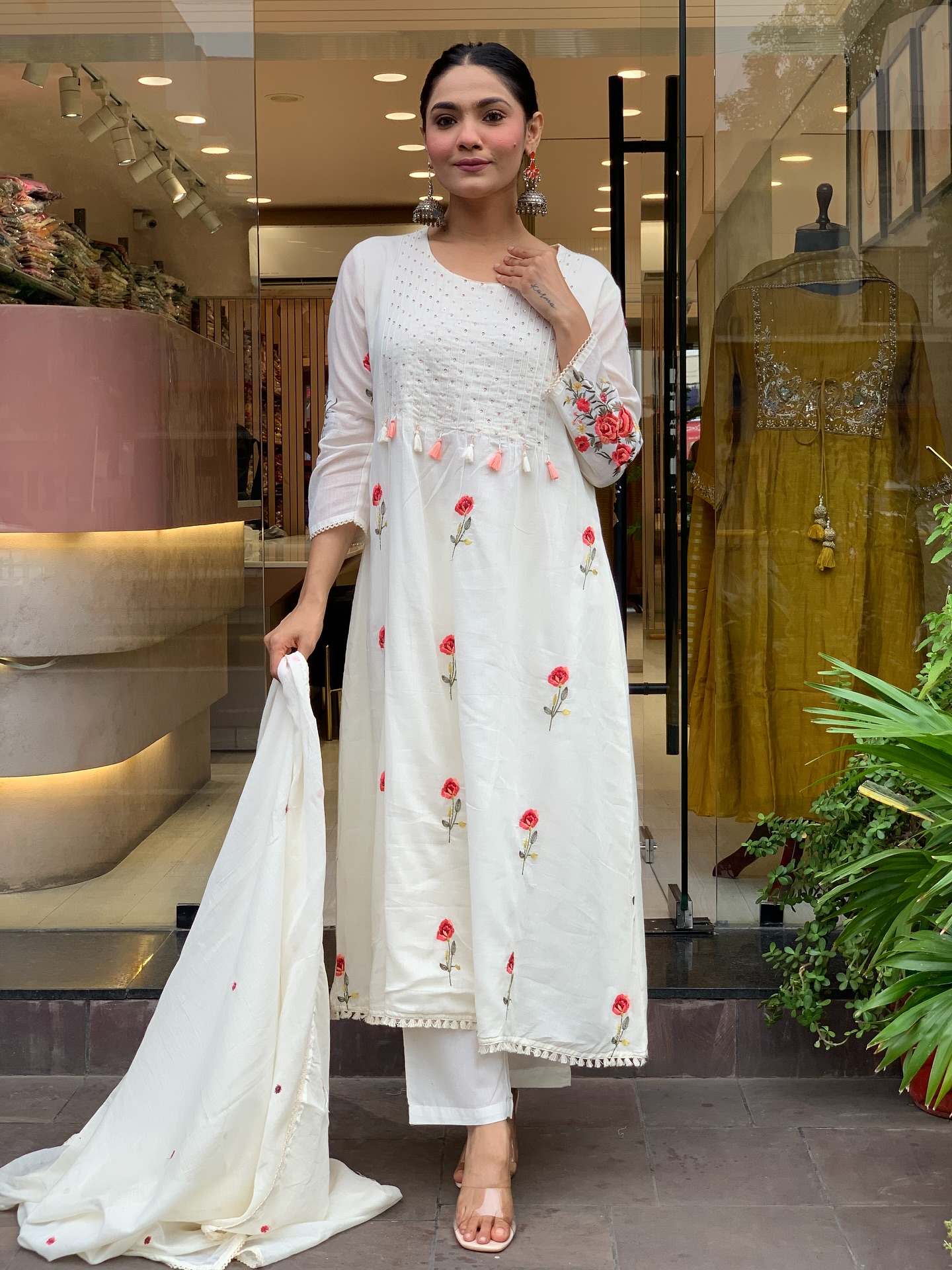 Off White Embroidered Chanderi Salwar Suit