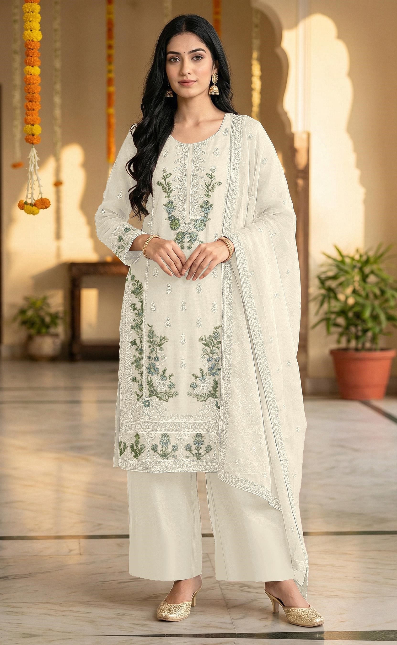 Off White Embroidered Chiffon Salwar Suit