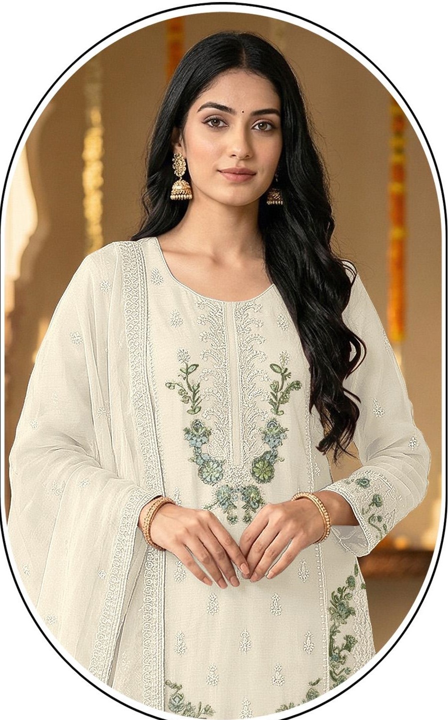 Off White Embroidered Chiffon Salwar Suit — alternate view
