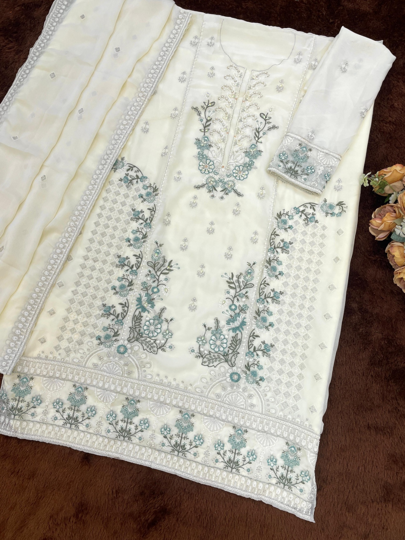 Off White Embroidered Chiffon Salwar Suit