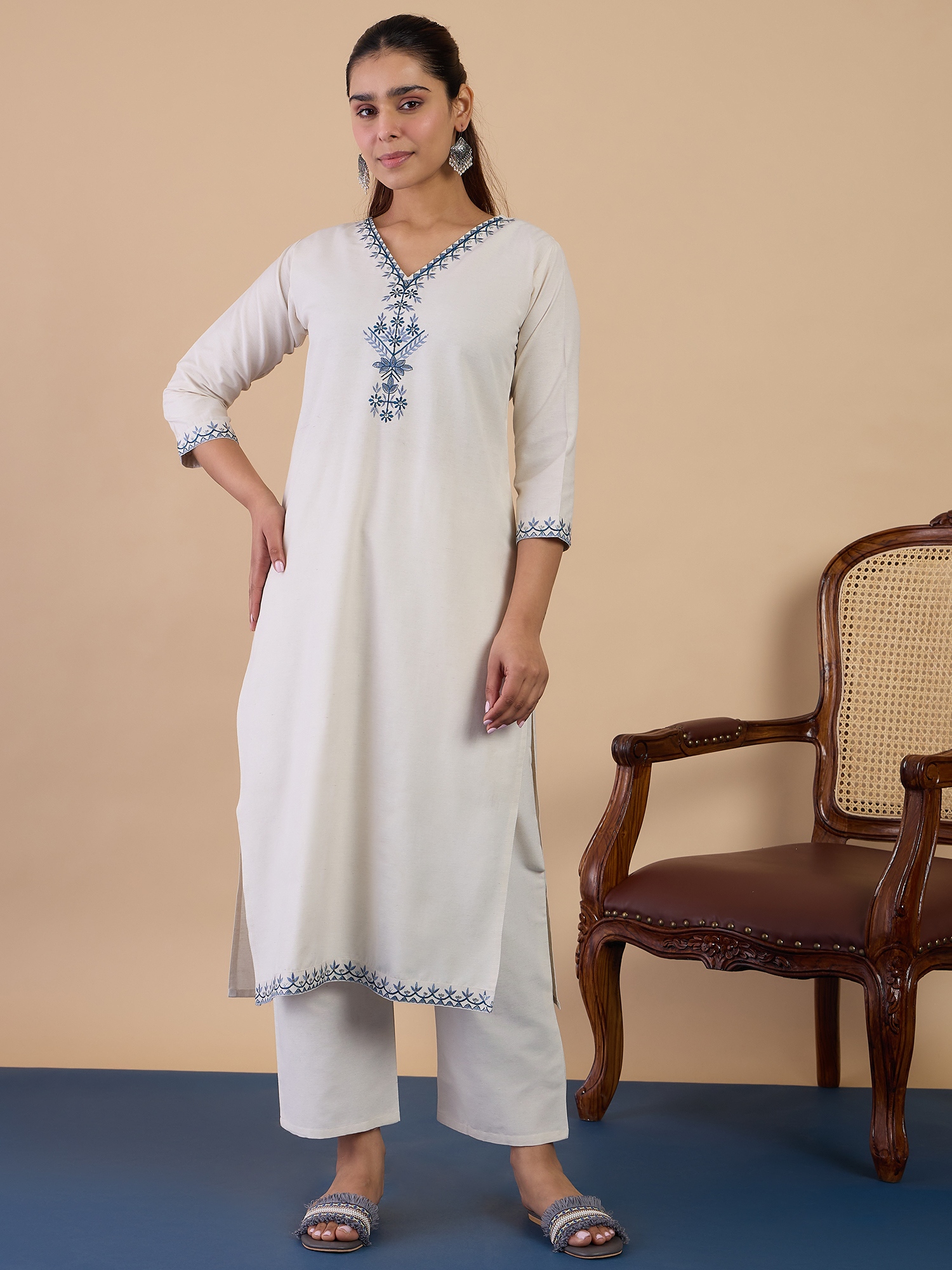 Off White Embroidered Cotton Blend Kurta Set