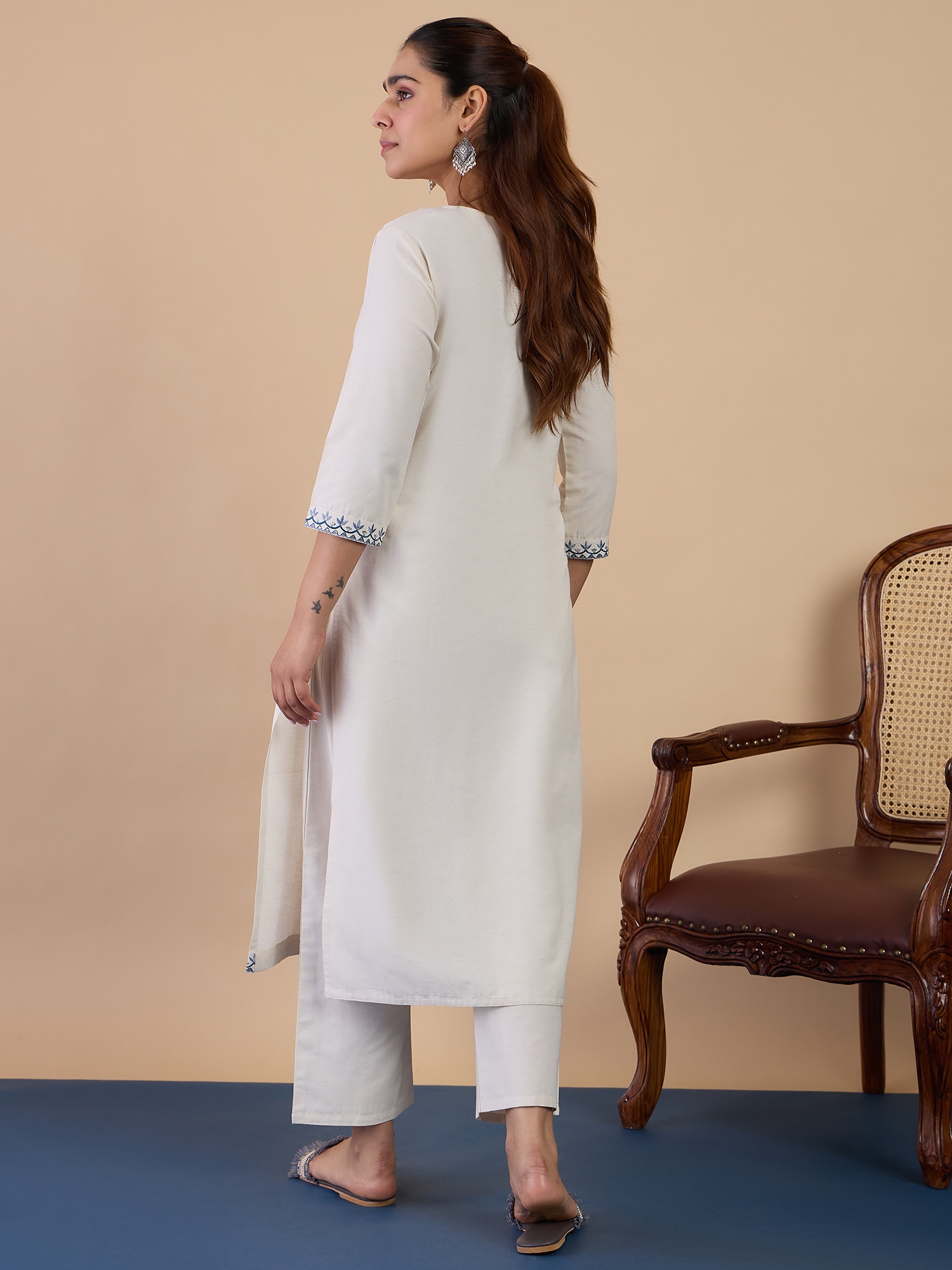 Off White Embroidered Cotton Blend Kurta Set — alternate view