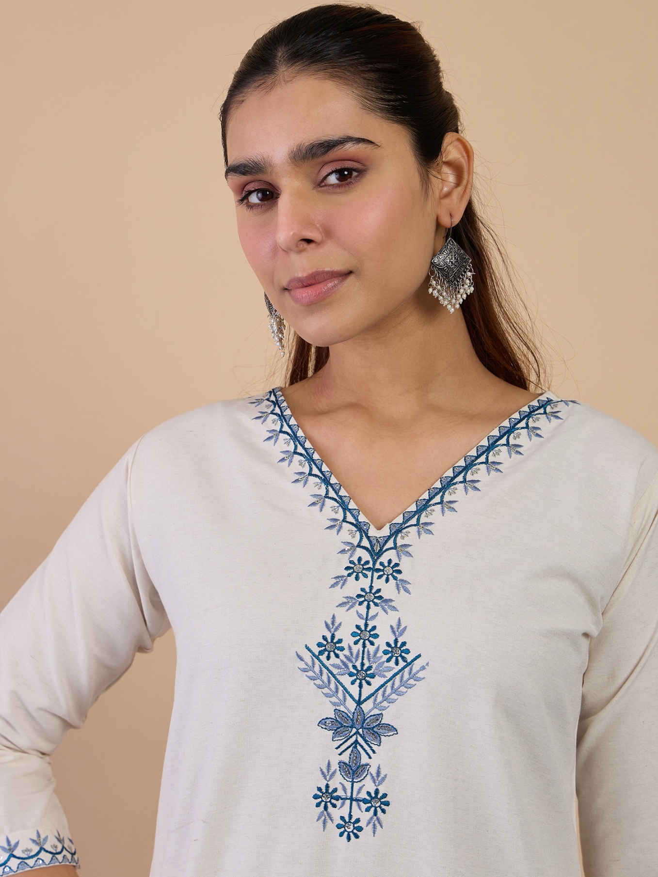 Off White Embroidered Cotton Blend Kurta Set