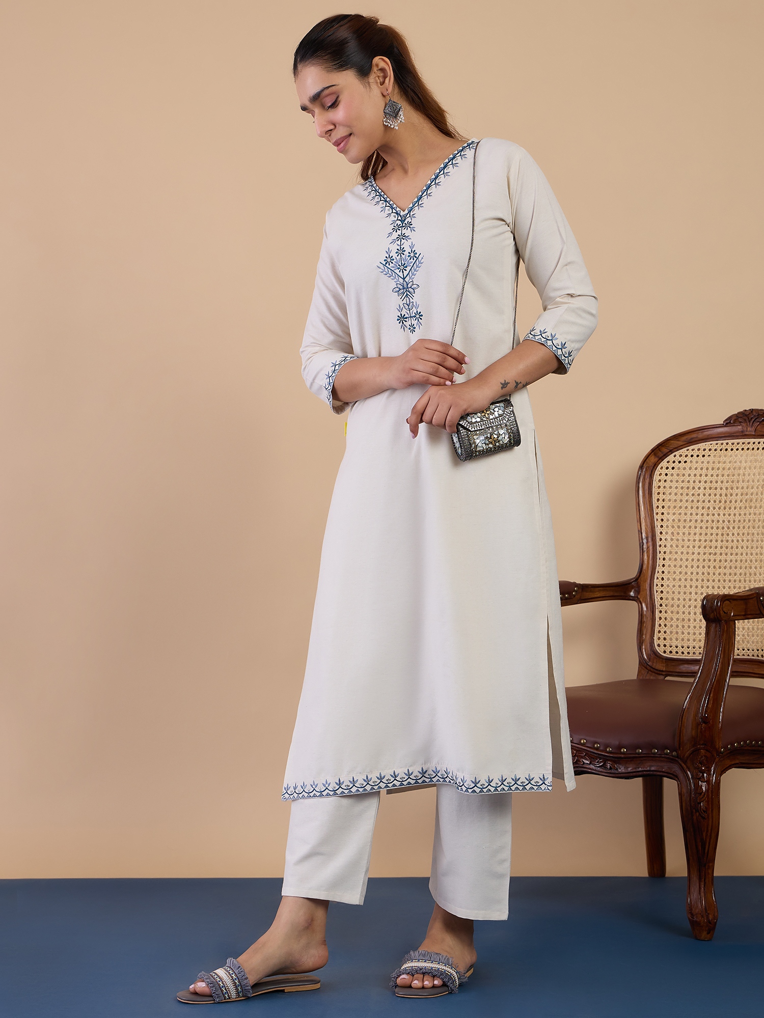 Off White Embroidered Cotton Blend Kurta Set