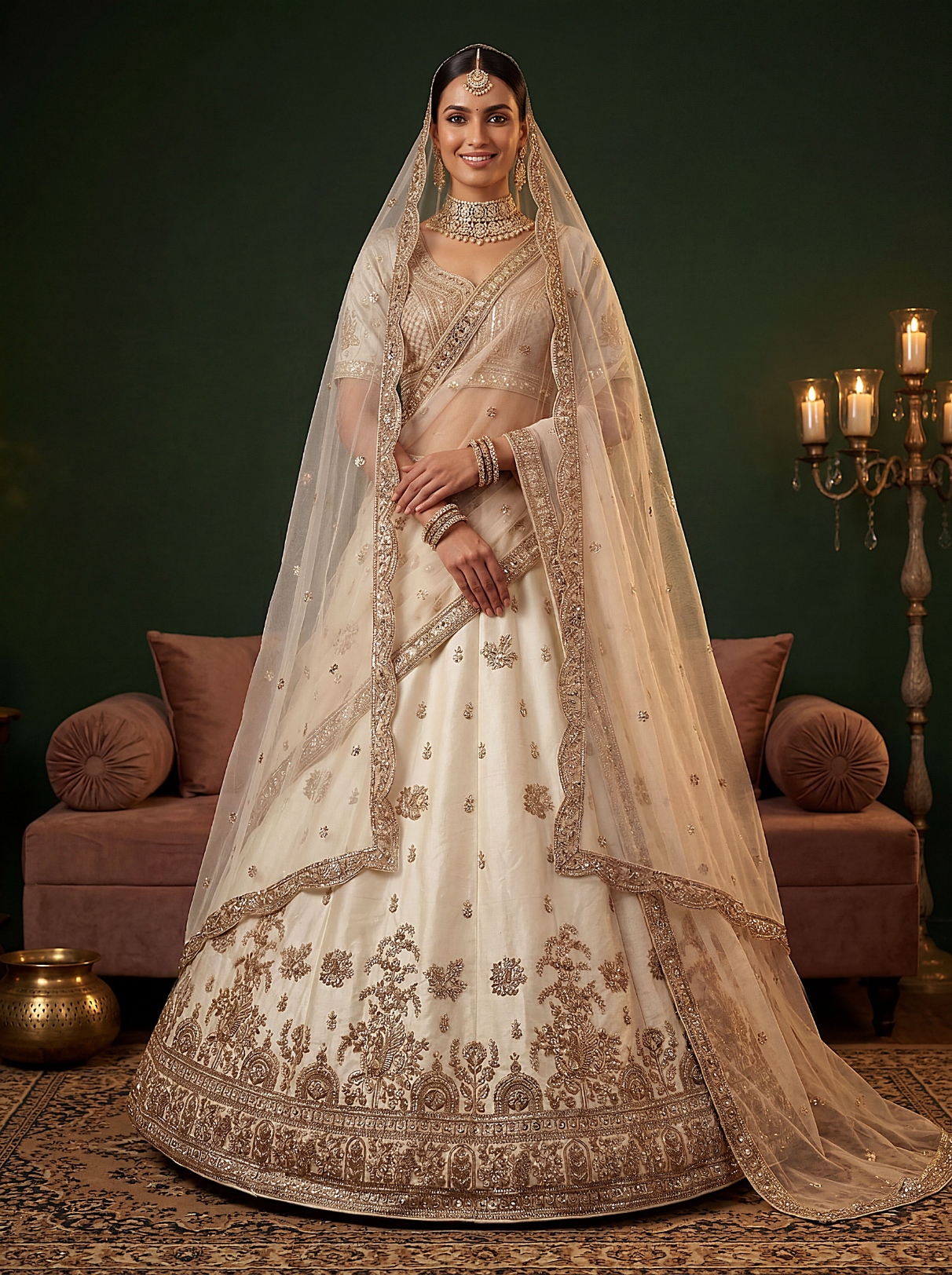 Off White Embroidered Gadwal Silk Lehenga Choli